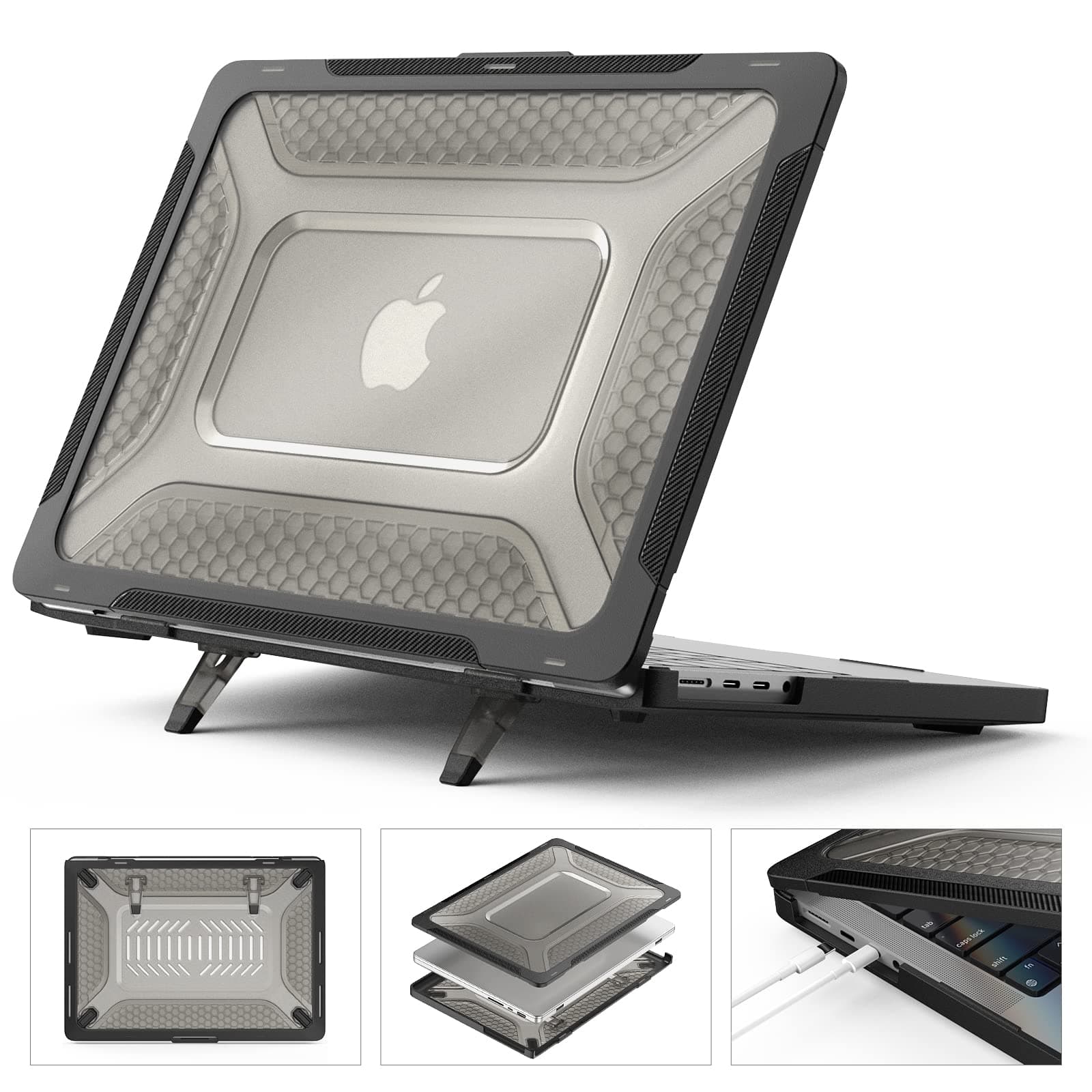 SEYMCY Case for MacBook Pro 14 inch Case 2023 2022 2021 Anti-Scratching Hard Shell Protective with Foldable Stand Cover for M3 A2992 A2918 / M2 A2779 / A2442 M1 Pro Max with Touch ID - Black