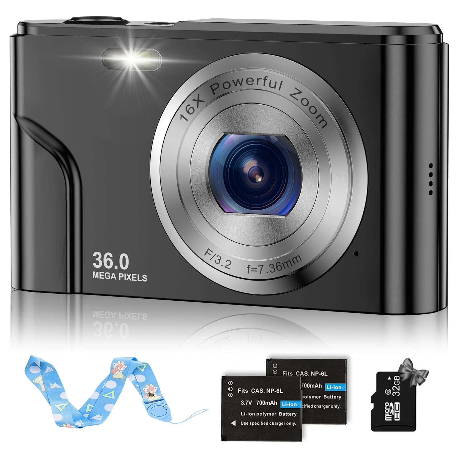 Digital Baby Camera for Kids & Teens, 1080P 48MP with 32GB SD Card, 2.4 Inch Digital Camera with 16X Zoom, Compact Mini (Black)