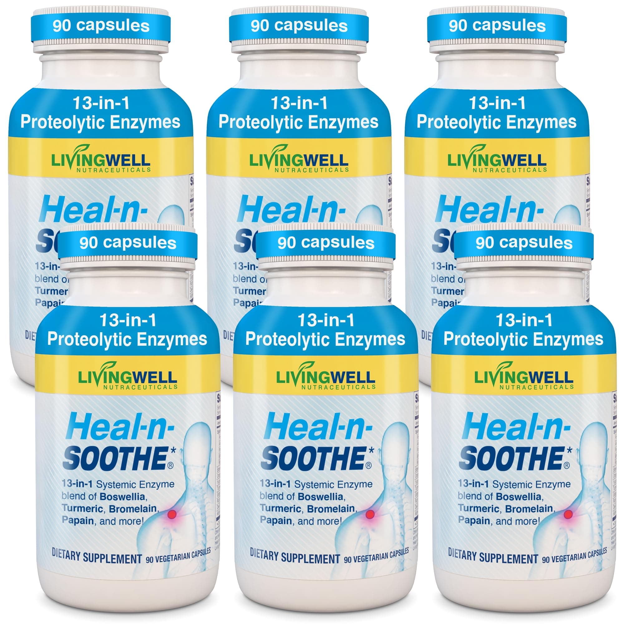 HEAL-N-SOOTHE Proteolytic Systemic Enzymes – Joint Supplement with Bromelain, Papain, Boswellia – Joint Mobility, Muscle Flexibility, Protein Digestion, Circulatory & Immune Health - 90 Count (6 Pack)