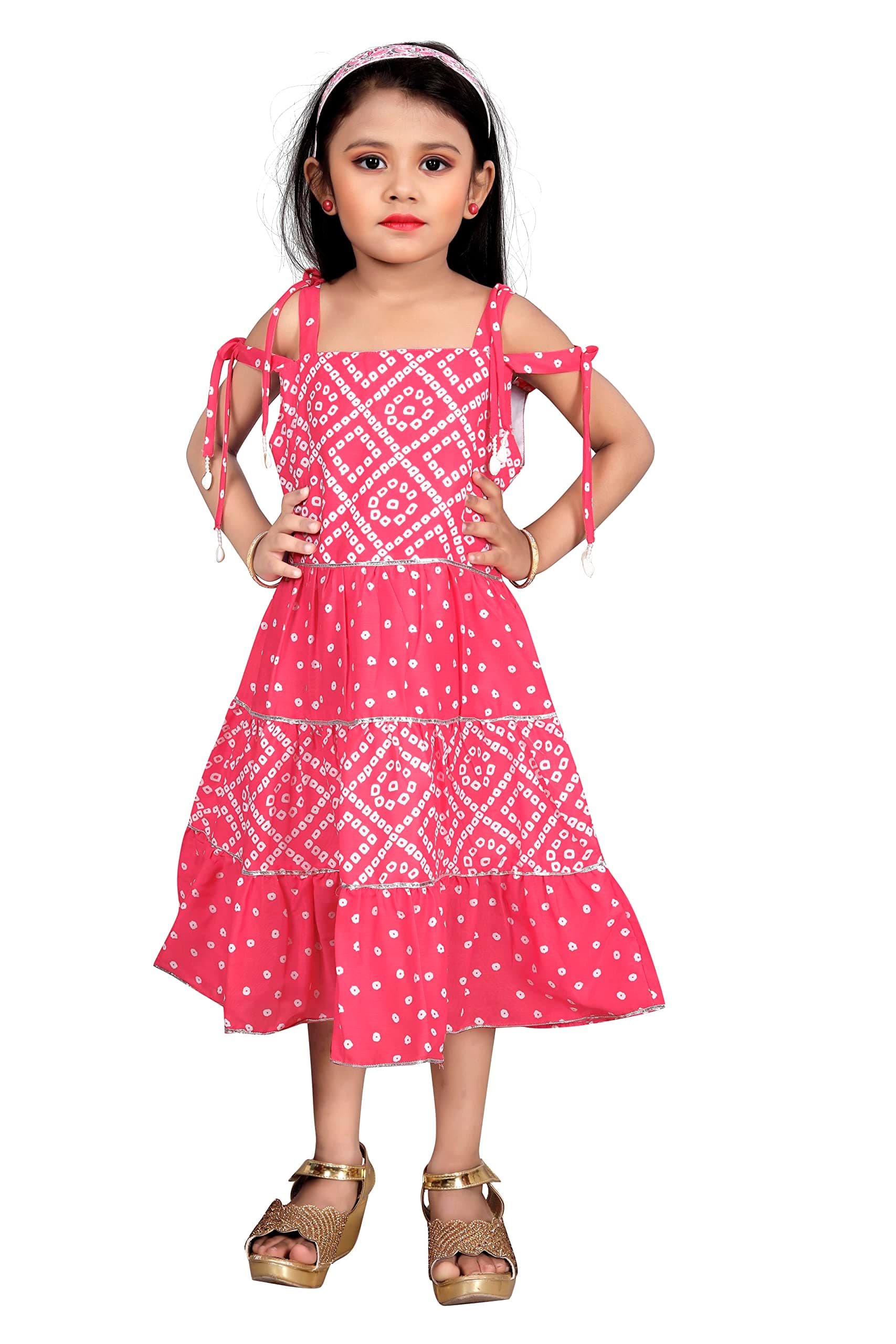 Leons Fab Girl's Cotton Bandhani Printed Fit & Flare Summer Dress for Kids