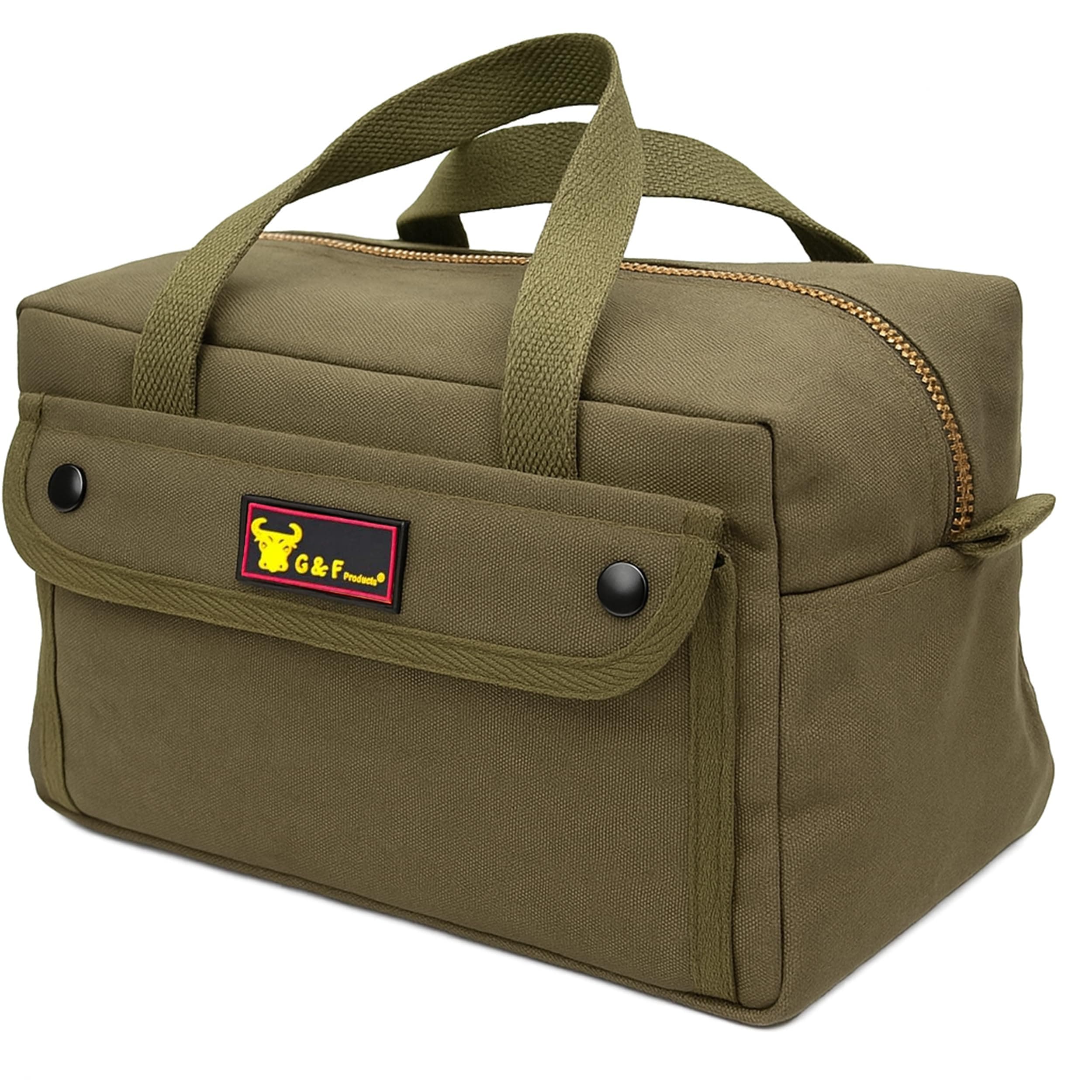 G & F Products Government Issued Style Mechanics Heavy Duty Tool Bag with Brass zipper and side pockets, tool bag for cars, drill, garden, and electrician. Olive Green, 11" x 7" x 6"