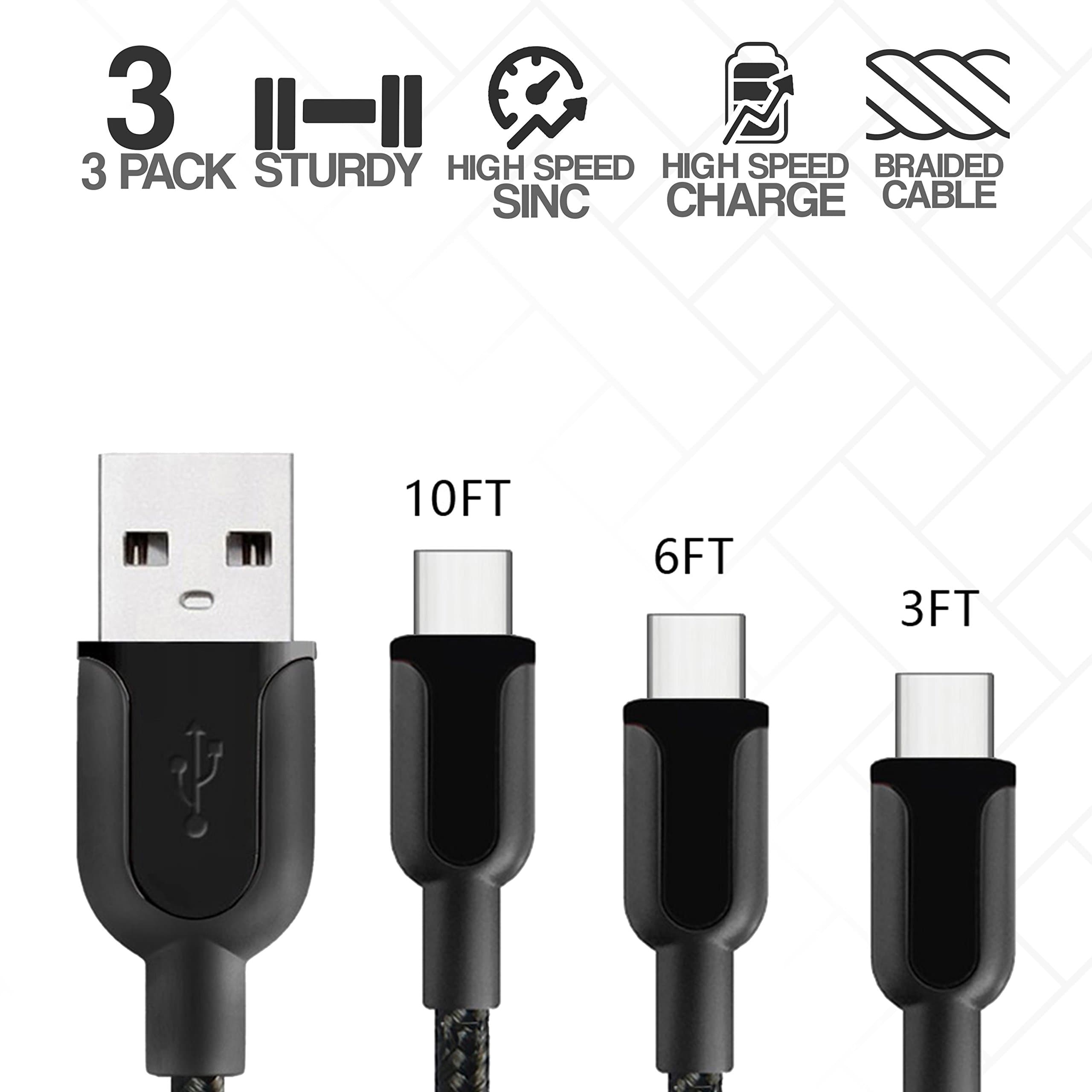 Klaz USB Type C Cables (3-Pack) Fast Charging and Data Syncing Cords | 3Ft, 6Ft, 10Ft | Nylon Braided, Kink & Tangle Free | Android Smartphones, Tablets, Nintendo (Black)