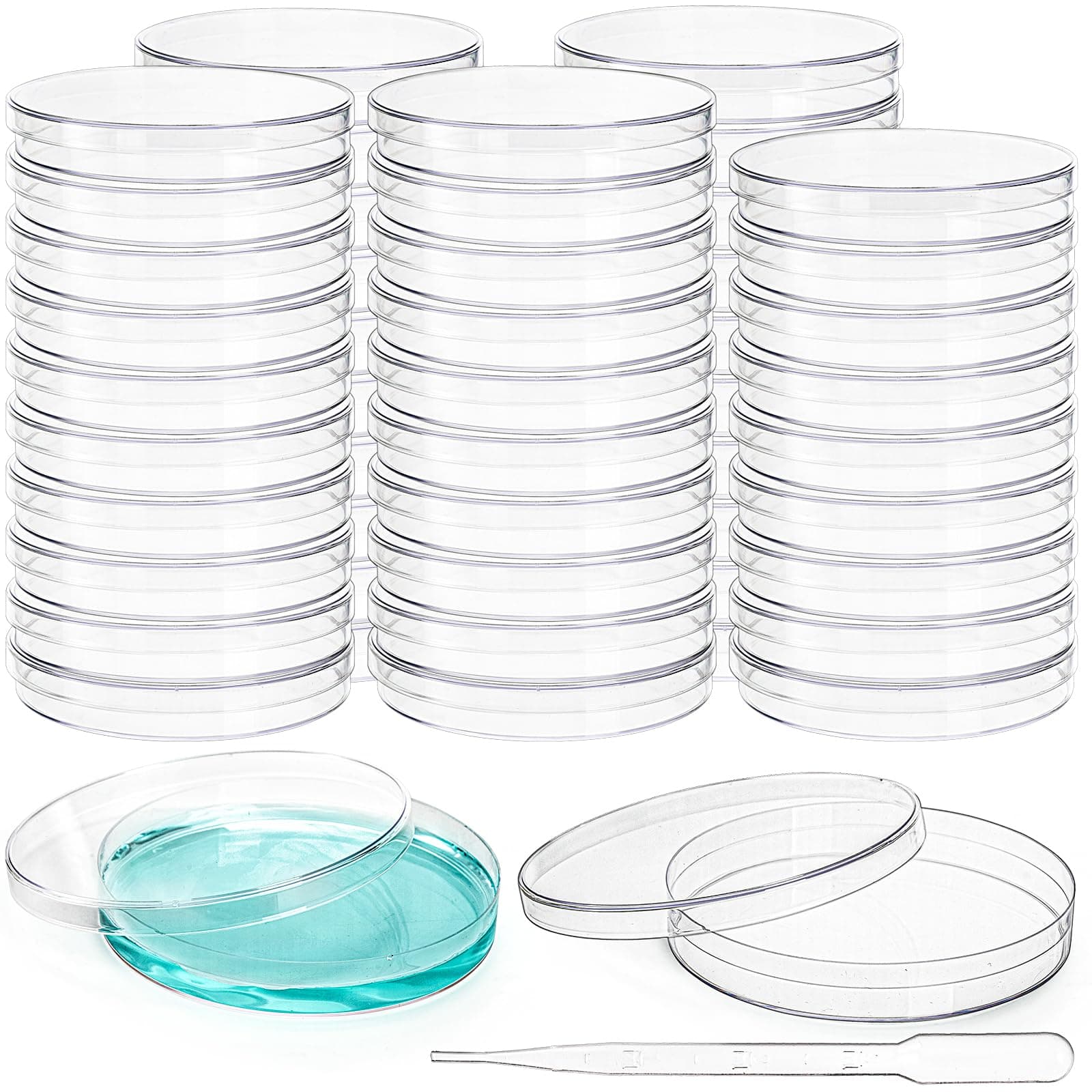Bekith Petri Dishes with Lids, 50 Pack 90mm Dia x 15mm Deep Plastic Sterile Container, 50 Pack Plastic Transfer Pipettes(3ml)