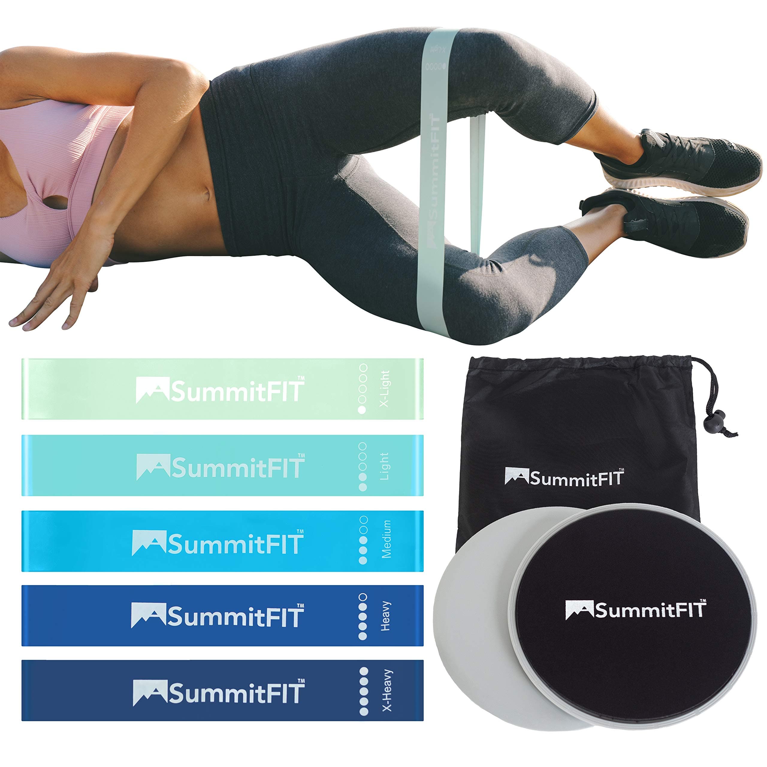 Core Sliders Mini Bands by SummitFIT Colorado - Legs and Butt (2) Dual Sided Gliding Discs Exercise Sliders (5) Blue Mint Latex Resistance Bands Set for Low-Impact Glute Abs Booty Building Strength