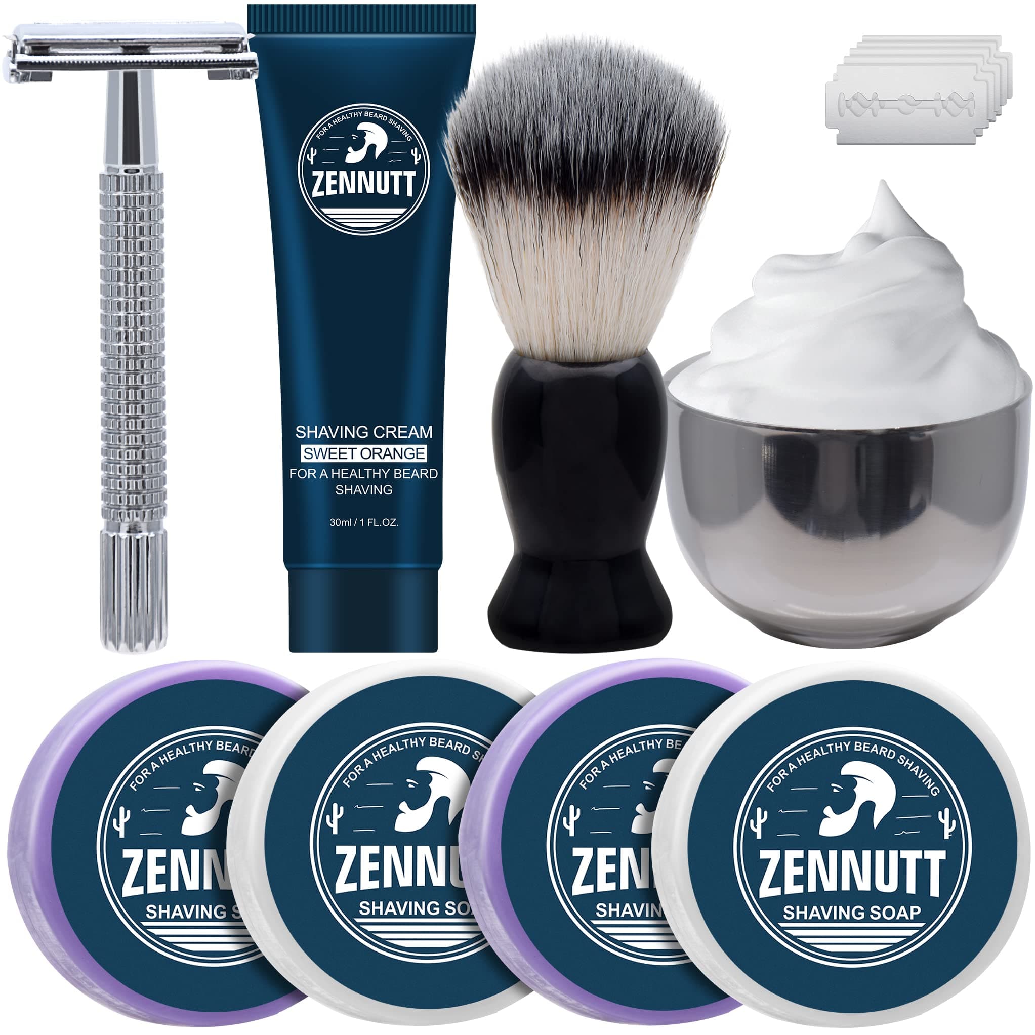 ZENNUTT 4 Packs Shaving Soap w/Shaving Bowl,Shaving Brush,Shaving Cream,Unqiue Gift Set Mens Shaving Kit for Christmas Stocking Stuffers for Him Boyfriend Dad Adult Husband Birthday Valentines Day