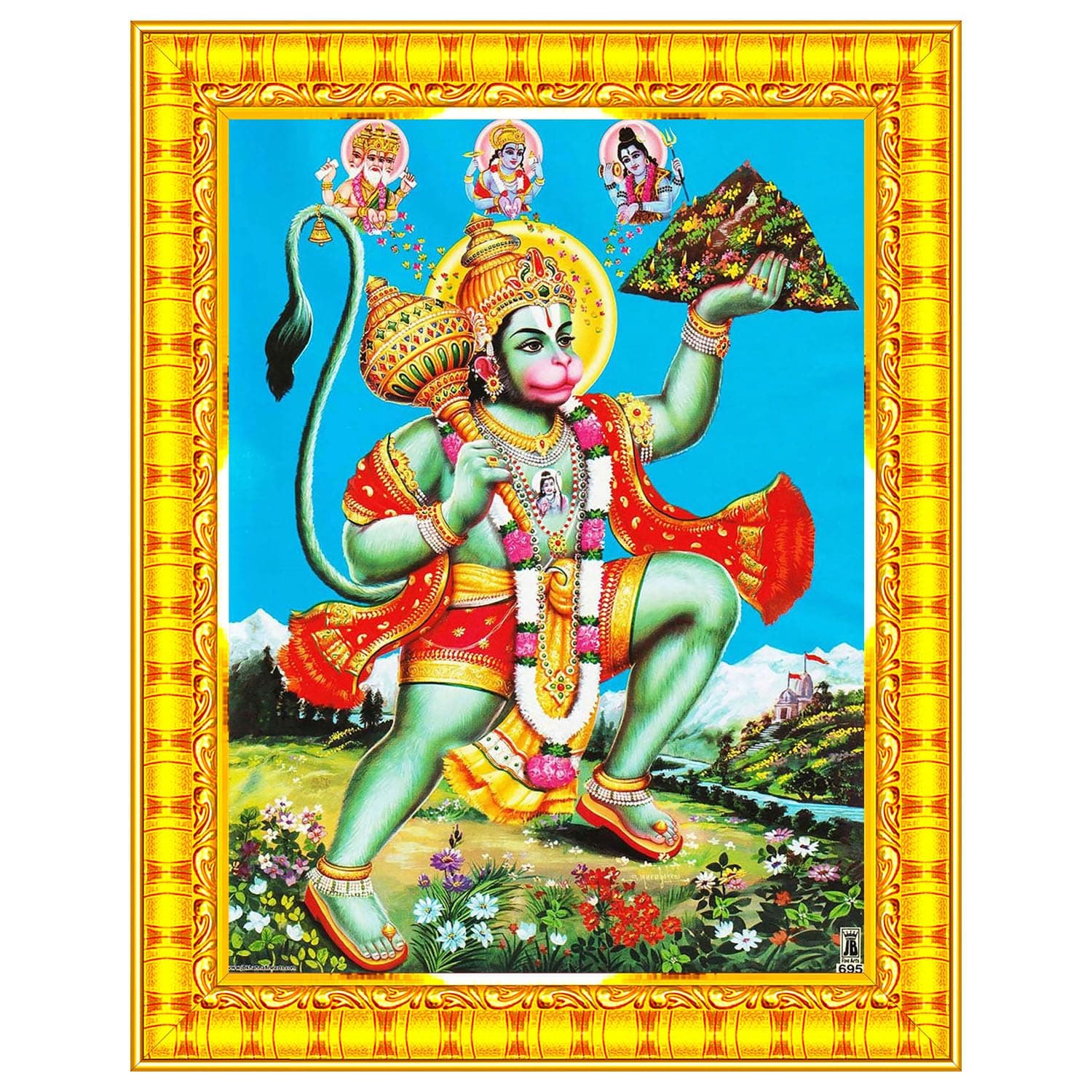 Lord Hanuman Ji Hanumanji Jai Bajrangbali Wall Painting Framed Home Decor (Wood,Acrylic,Gold,Small Size,6x8 Inch) R769S