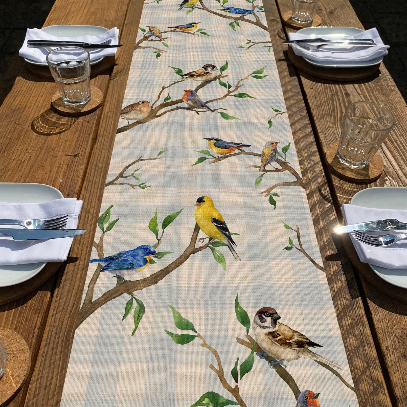 Seliem Spring Birds Tree Branches Table Runner, Buffalo Plaid Check Bluebird Robin Goldfinch Chickadee Home Kitchen Dining Decor, Summer Seasonal Farmhouse Decoration Indoor Outdoor Party Supply 13x72