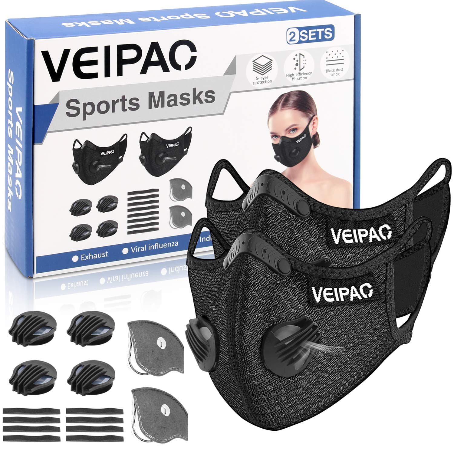 2 Set Sports Mask Running Mouth Cover with Activated Carbon Filter, 6 Breathing Valve, 12 Soft Foam Padding for Running Cycling Woodworking Sanding Mowing