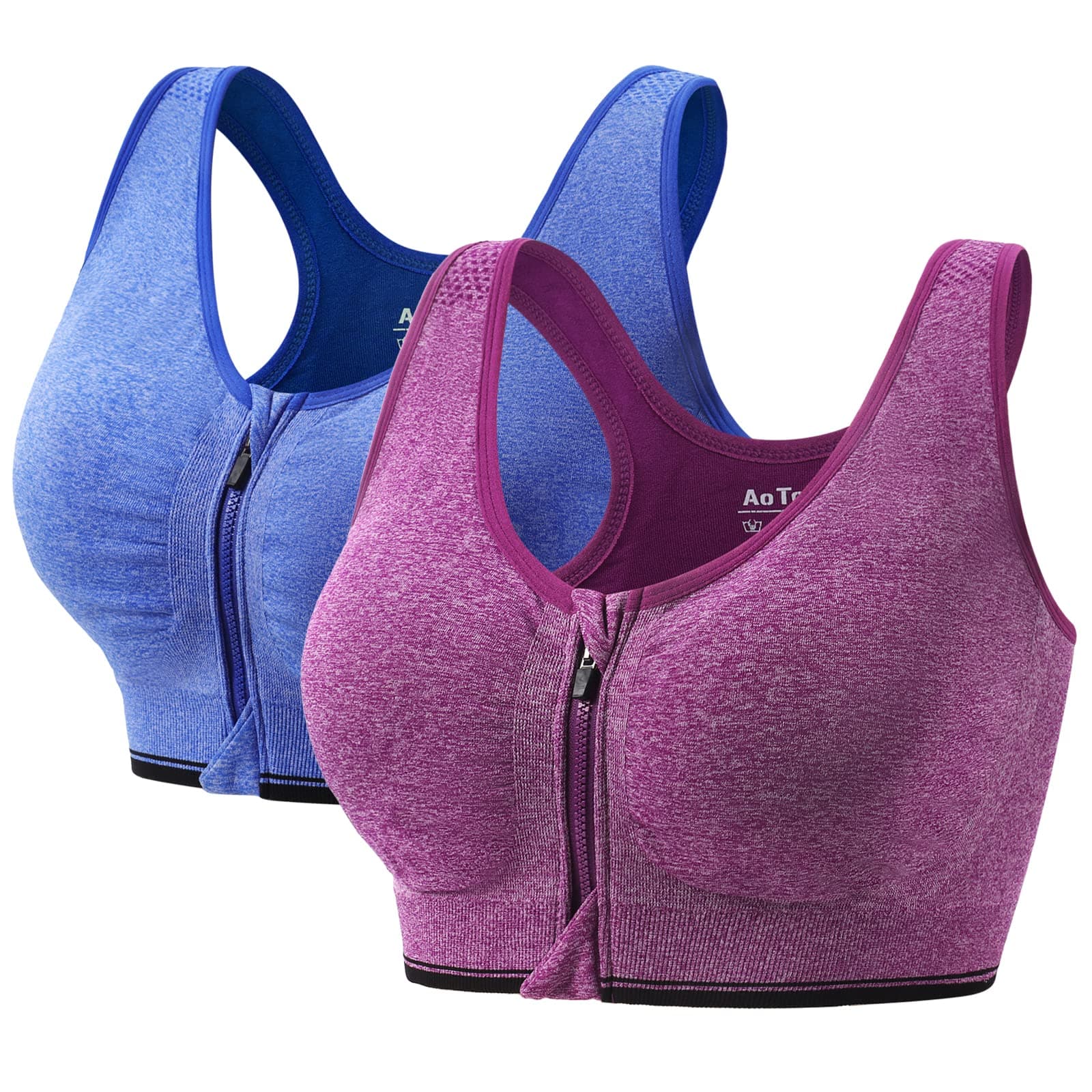 AoToZan2 Pack Women Sports Bras High Impact Seamless Wireless Padded Yoga Bralette, Zip Front Fastening Workout Running Gym Top Bra