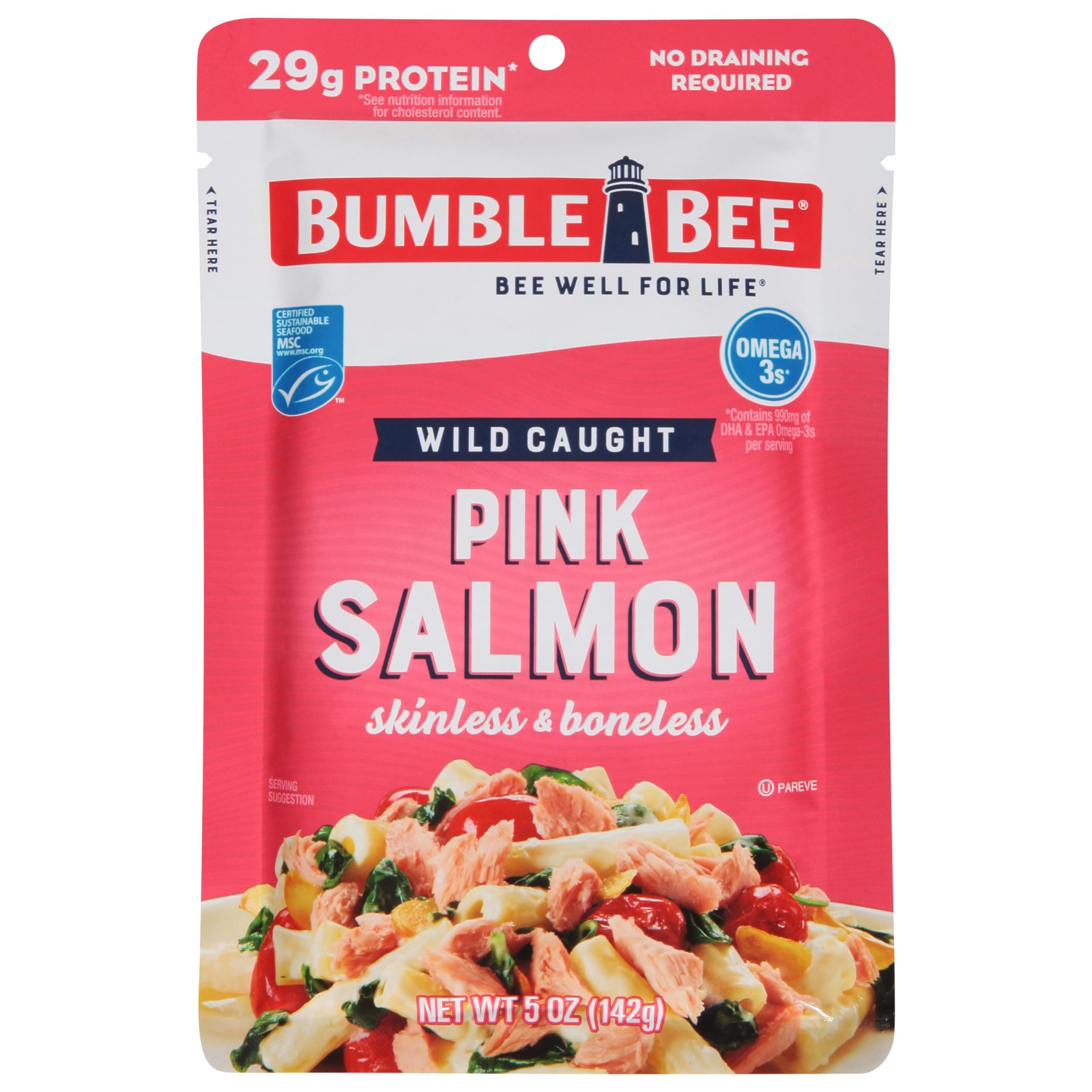Skinless & Boneless Pink Salmon, 5 oz Pouch - Premium Wild Caught Salmon for Snacks, Sandwiches & Recipes - 29g Protein per Serving - Gluten Free, Kosher, MSC Certified