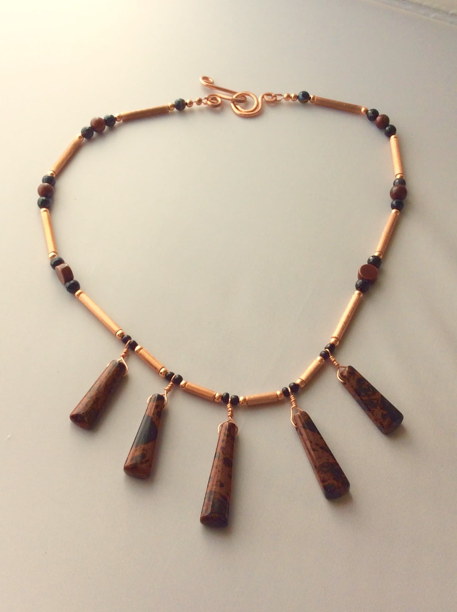 Mahogany Obsidian Stick Pendent Beaded Necklace and Earring Set