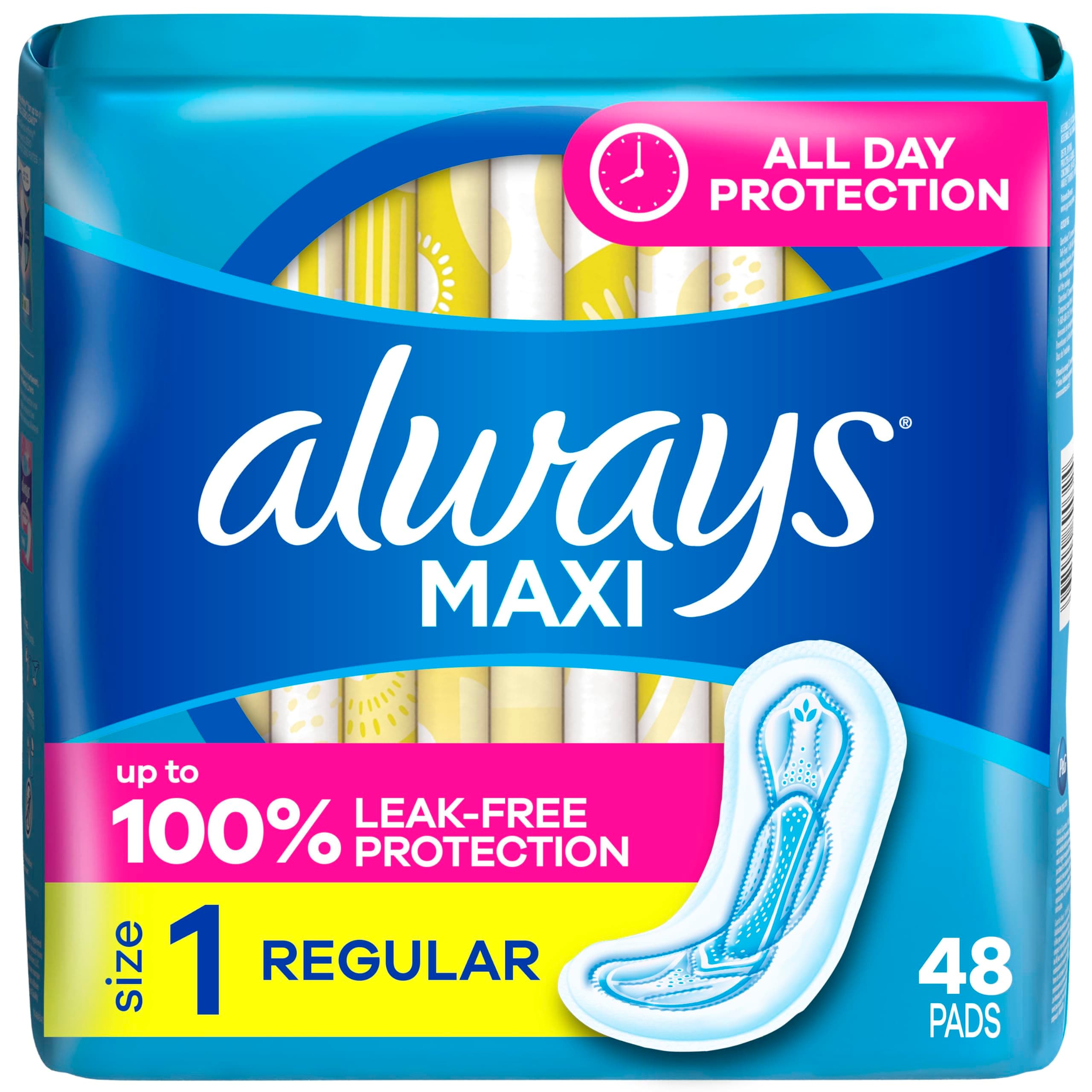Always Maxi Feminine Pads Without Wings for Women, Size 1, Regular Absorbency, Unscented 48 Count