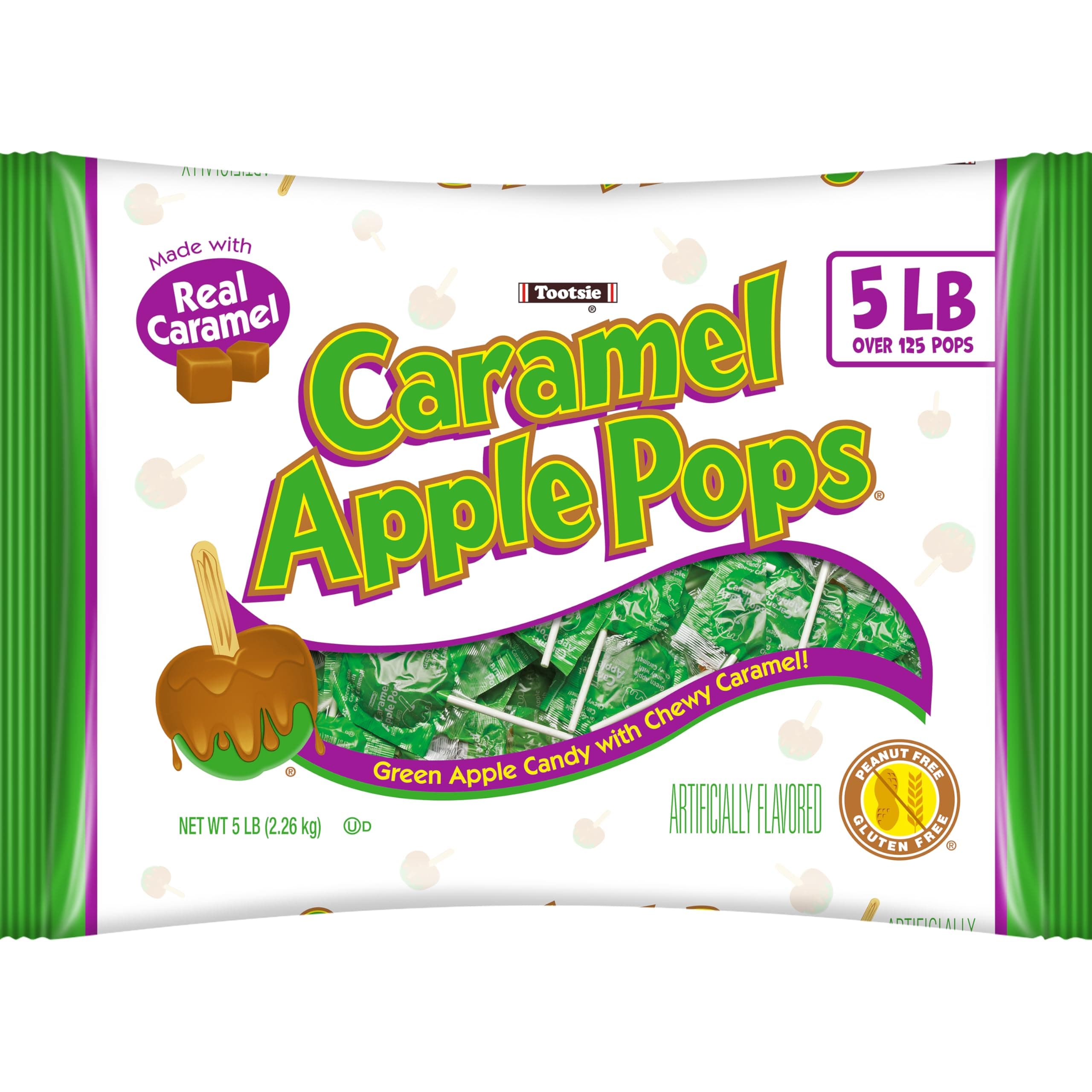 Caramel Apple Pops - Caramel Covered Green Apple Candy Lollipops - Bulk Gluten Free Candy - 5 Pound Bag of Caramel Apple Suckers,125 pieces