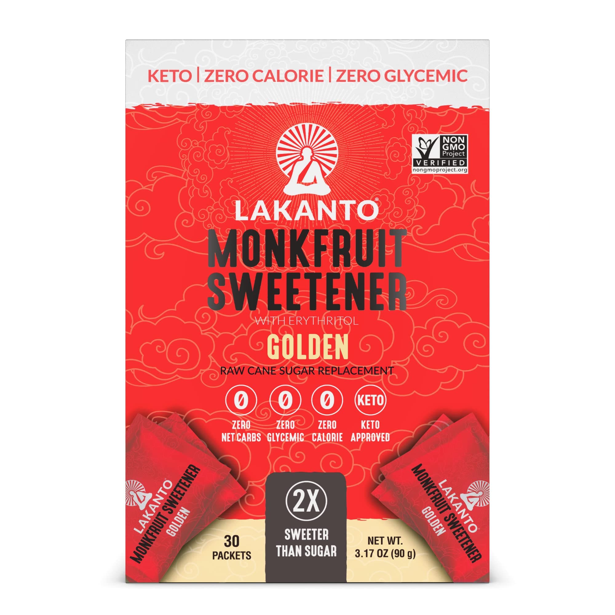 Lakanto Golden Monk Fruit Sweetener Packets - Raw Cane Sugar Substitute & Stevia Replacement, Zero Calorie, Keto Diet Friendly, Zero Net Carbs, Baking, Extract (Golden 30 ct)
