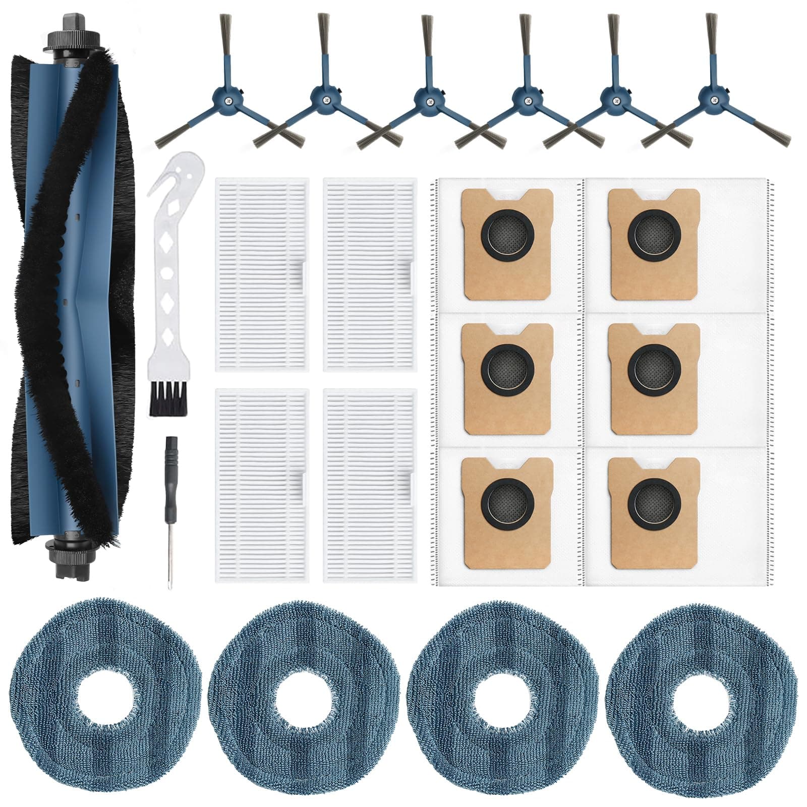 21 Pcs Replacement Parts Accessories for Eufy Robot Vacuum Omni C20 Robot Vacuum Cleaner Replacement Parts Kit 1 Roller Brush, 4 HEPA Filters, 4 Mop Pads, 6 Side Brushes, 6 Dust Bags