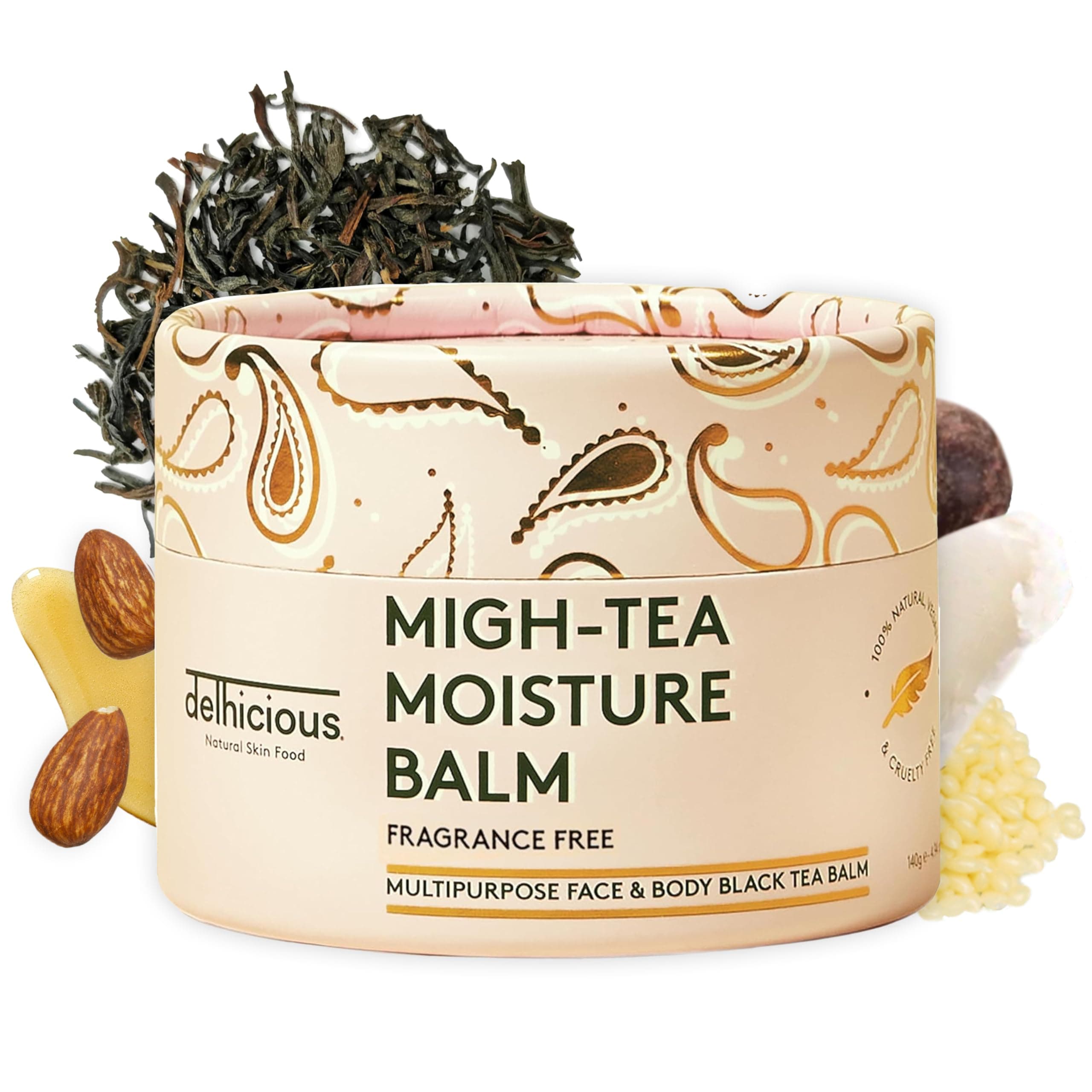 Delhicious Fragrance Free Face & Body Balm for Dry Sensitive Skin - Migh-Tea Moisture Shea Butter Moisturizer - Eczema Relief, Psoriasis Treatment - Natural, Vegan, Ayurveda - 140g