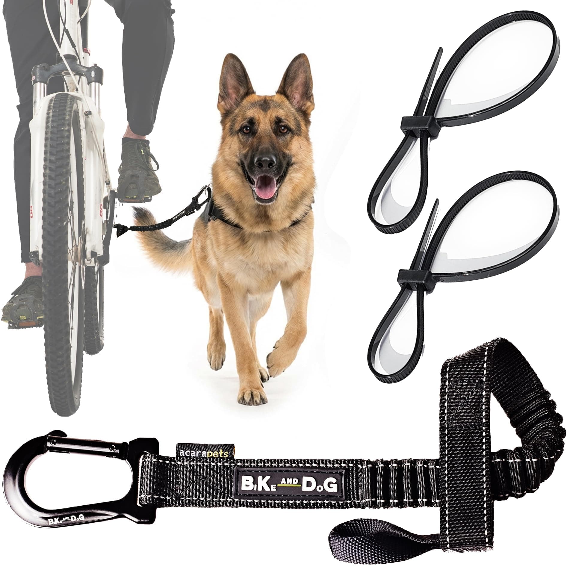 BIKE AND DOG - Dog Leash and Harness for Bicycle, Harness with 3 Rings, 2 are Sides, Includes 2 Special Cable Ties for Bicycle. Patented. (Black, Leash)