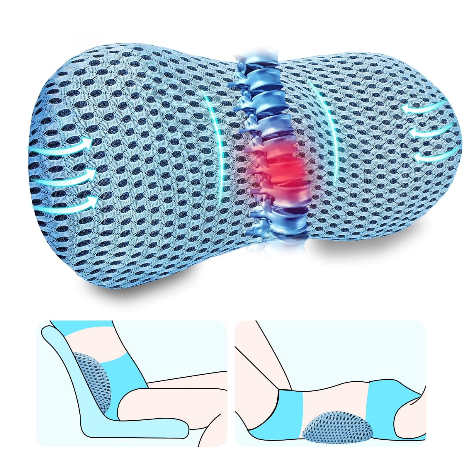 Lumbar Support Pillow Ergonomic Memory Foam Lumbar Pillow, Relieve Back Pain, CMFY Breathable & Detachable & Washable, Perfect Back Pillow for Office Chairs, Car Seats, Beds (Blue)