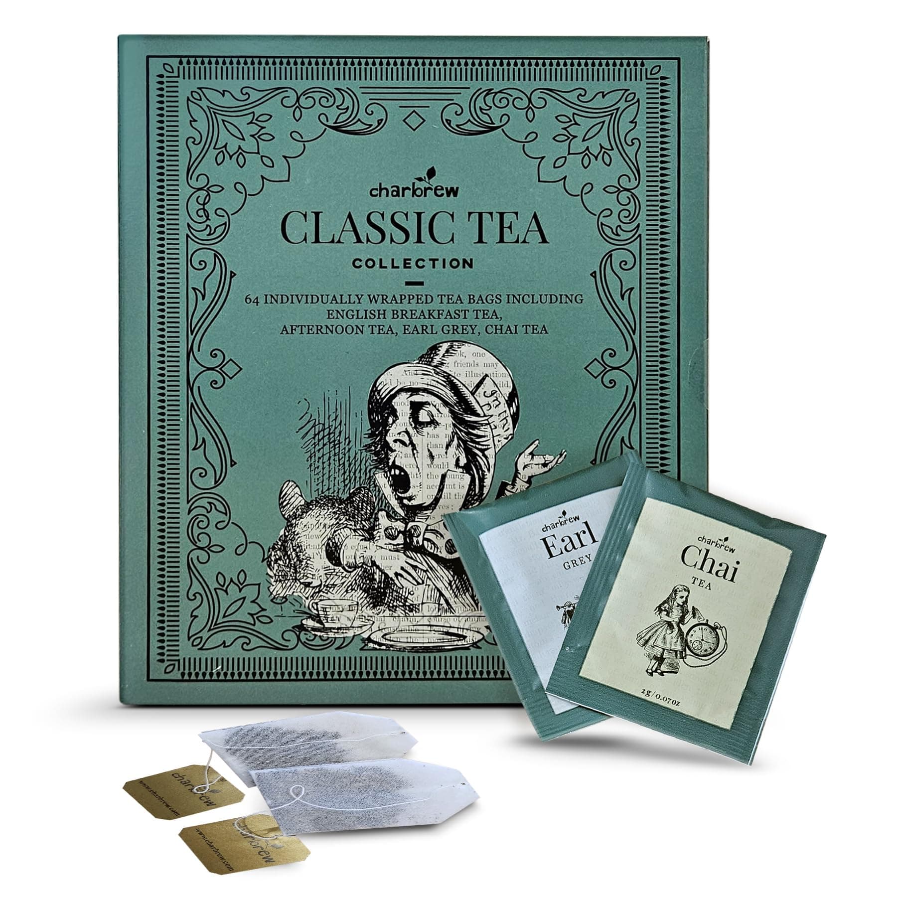 Charbrew Tea Book Gift – 64 Individually Wrapped Teabags | 4 Classic Blends: English Breakfast, Earl Grey, Afternoon & Chai | Unique Tea Gift Set for Book Lovers (Mad Hatter)
