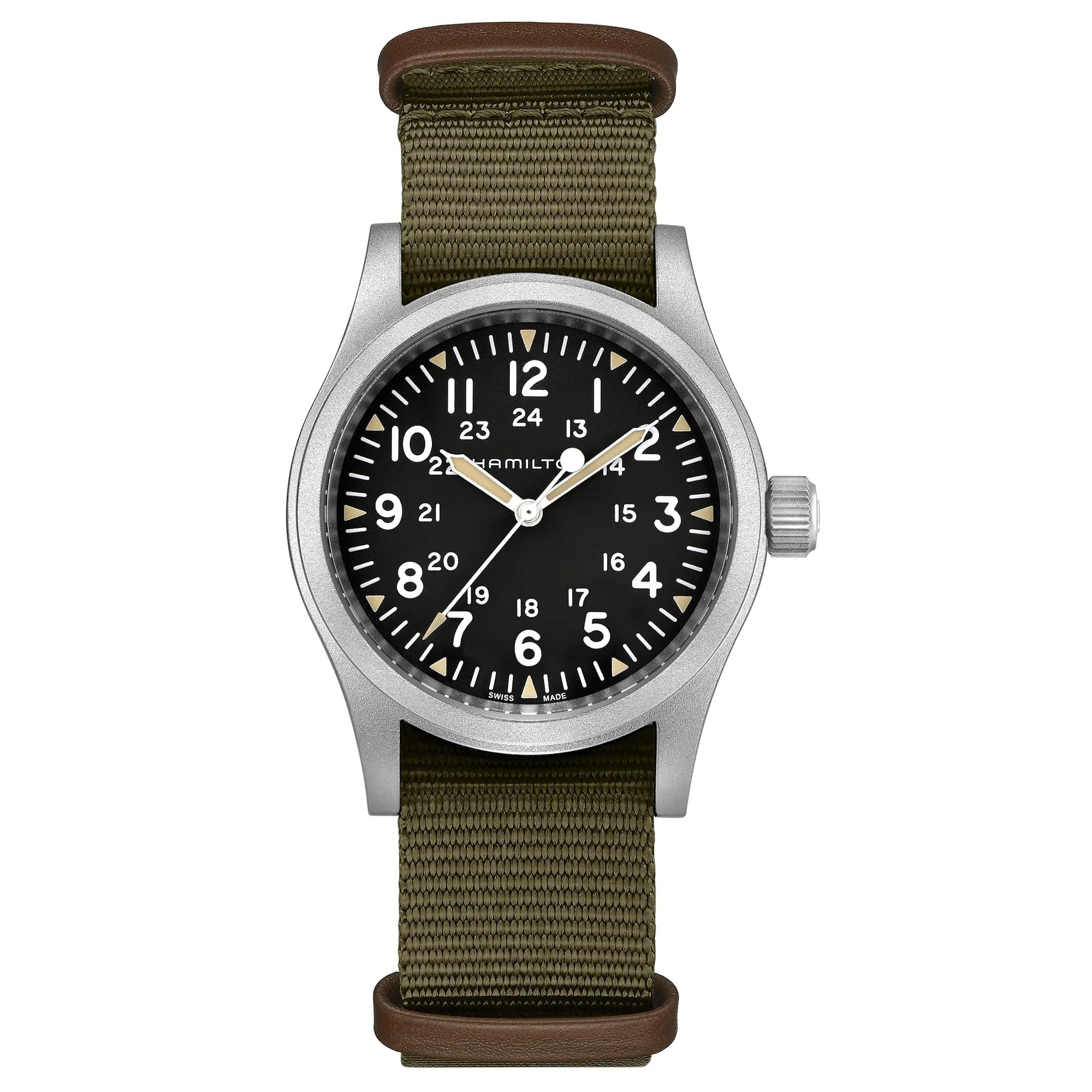 Hamilton Men's Watch Khaki Field Mechanical 38Mm | Swiss Made | 38Mm Stainless Steel Case | Black Dial Analog Watch | Green Textile Nato Strap (Model: H69439931), Black, Mechanical