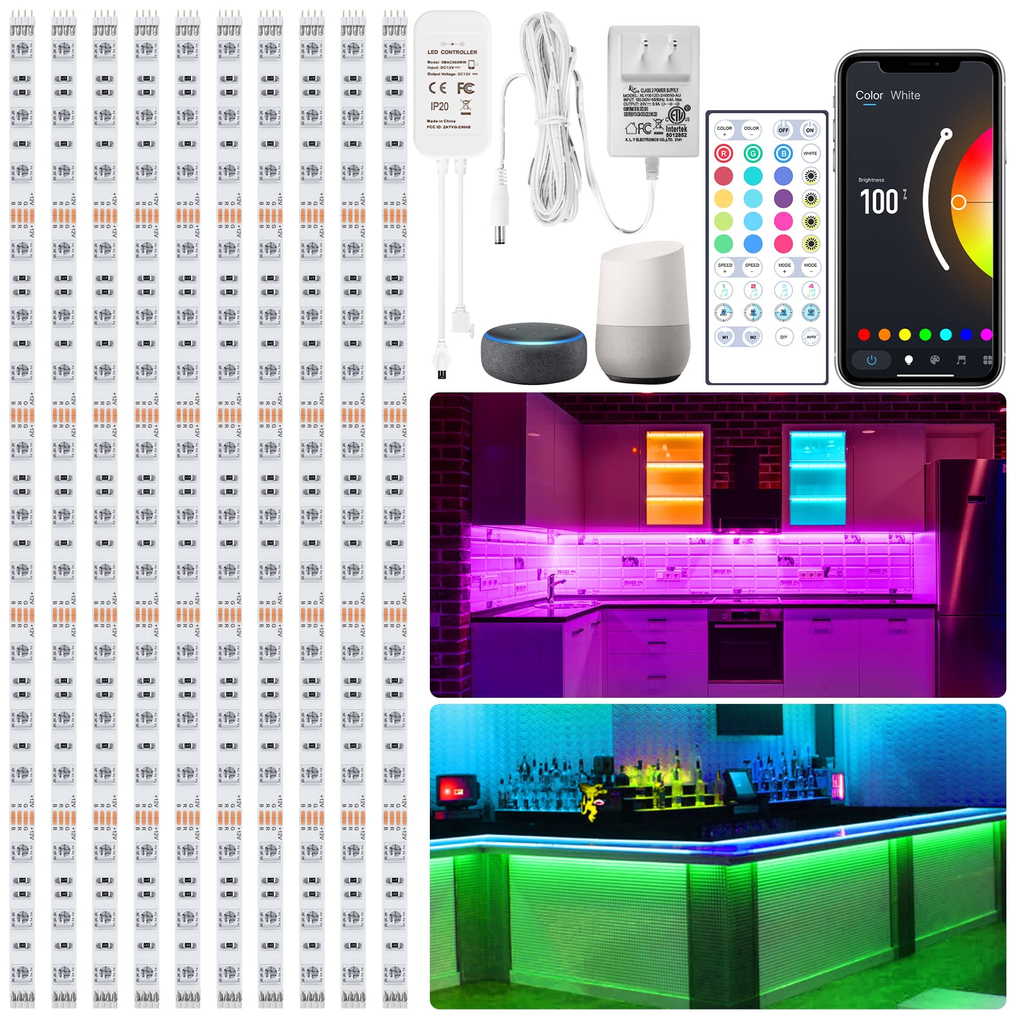 maylit 10 PCS Smart RGB Under Cabinet Lights Kit, Compatible with Alexa and Google Assistant, App and Remote Control, Music Sync Color Changing, Timer, Dimmable, for Cabinet, Counter, Shelf, Bookcase