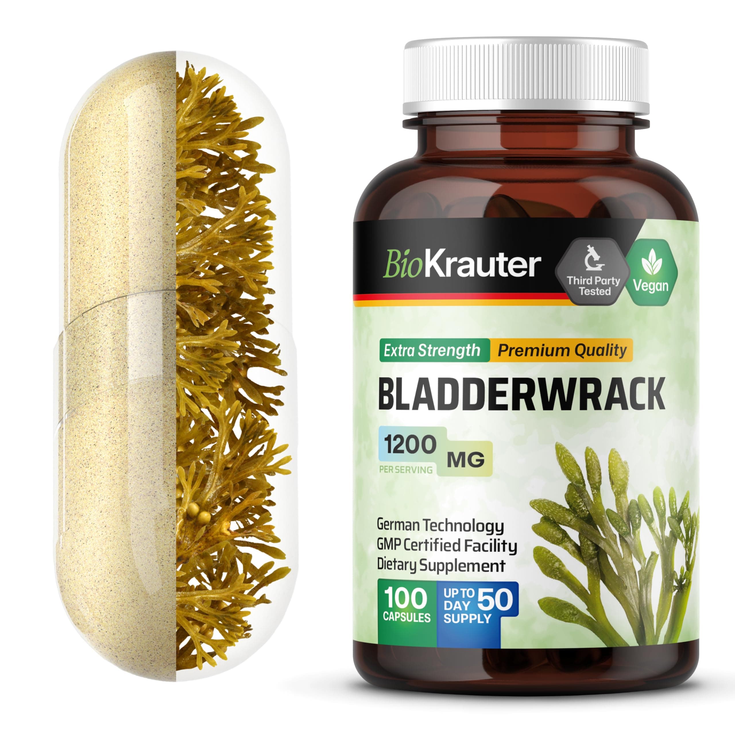 BIO KRAUTER® Bladderwrack for Thyroid Support - Vegan Iodine Supplement 1200 mg per Serving - Bladderwrack 100 Capsules, 50 Days of Supply, Non-GMO - Natural Seaweed Supplement