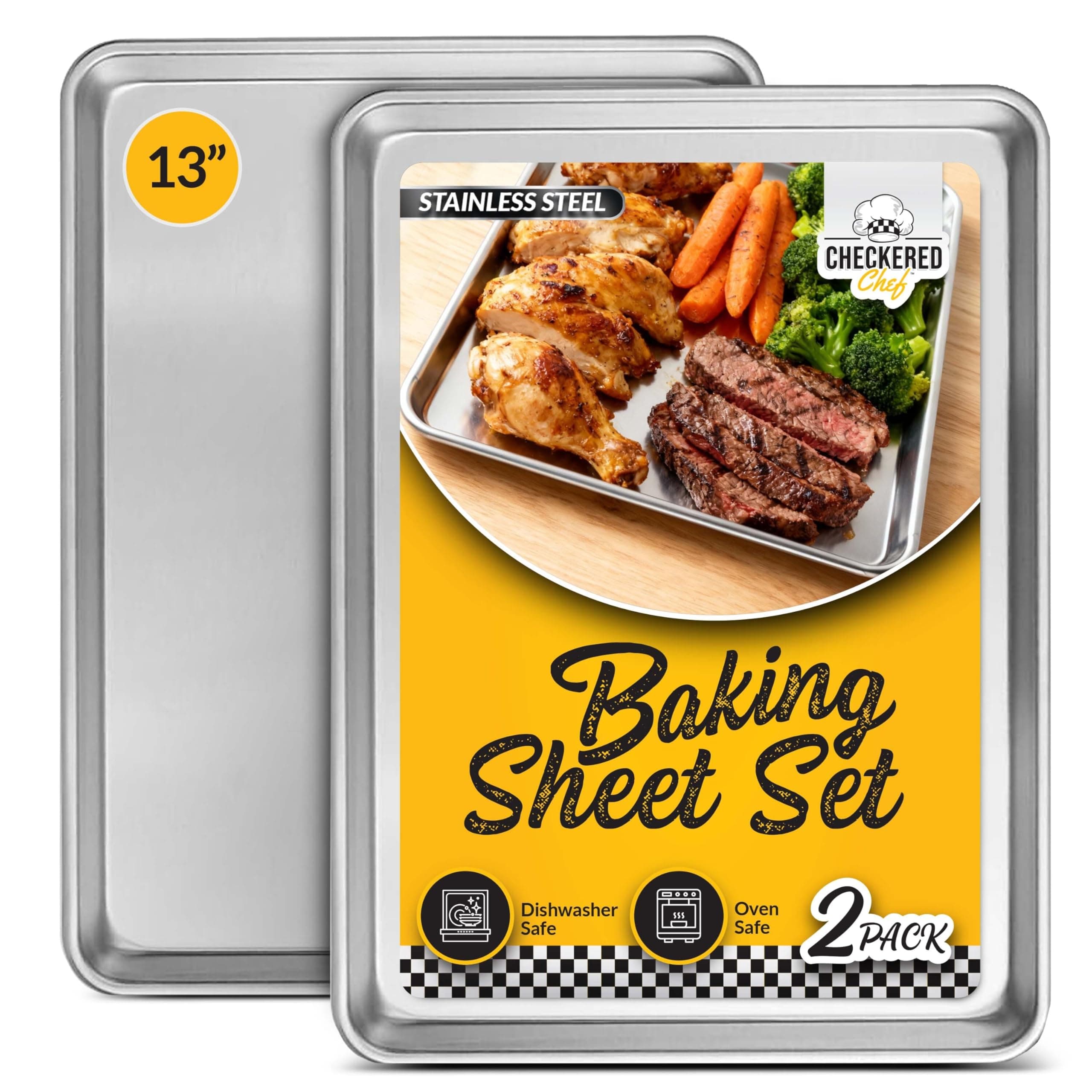 Checkered Chef Baking Sheet Set - 13" x 9.5" Stainless Steel Quarter Pans for Baking and Cooking (2 Pack)