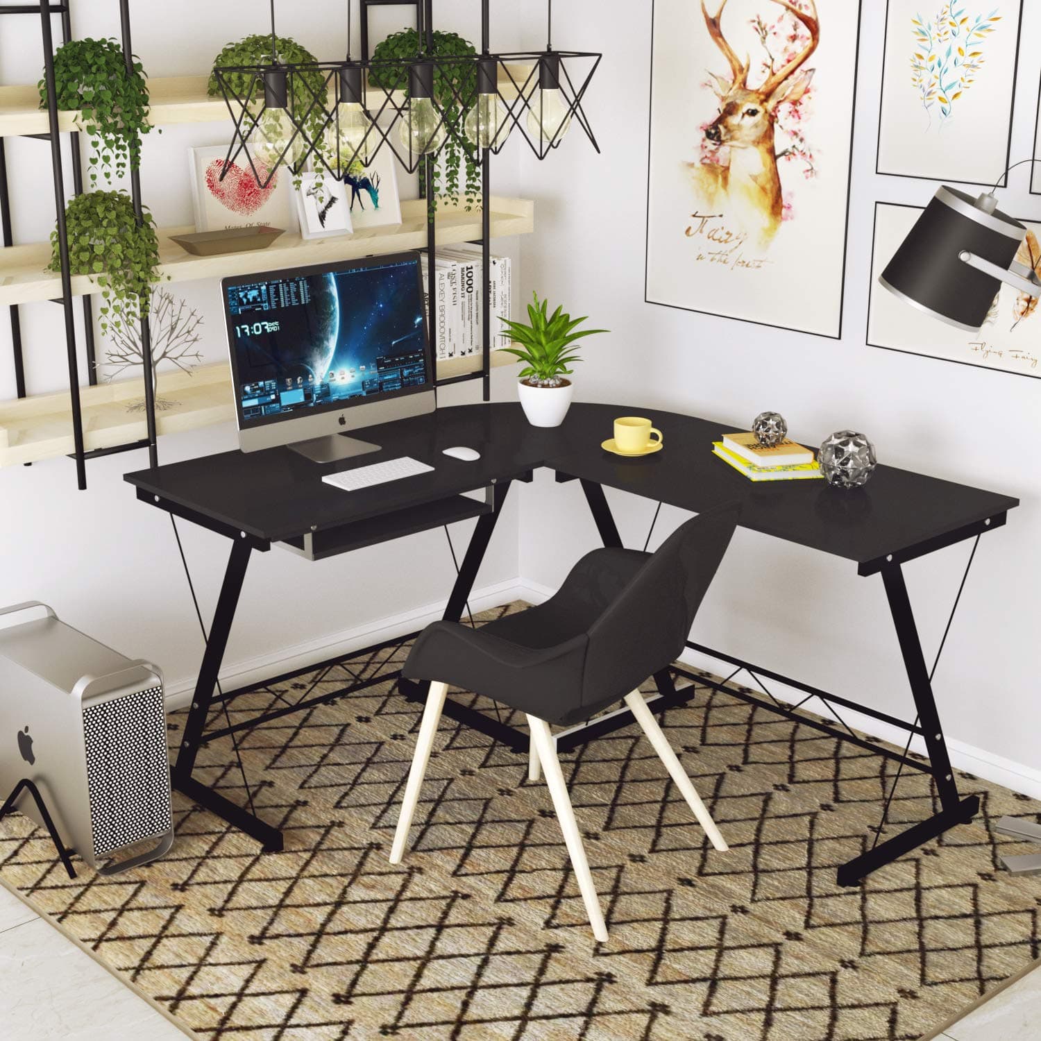 Computer Desk, Modern L-Shaped Office Home Study Workstation Table 3 Piece Set Corner Table Professional Use - CPU Stand and Built-in Keyboard Included (Black)