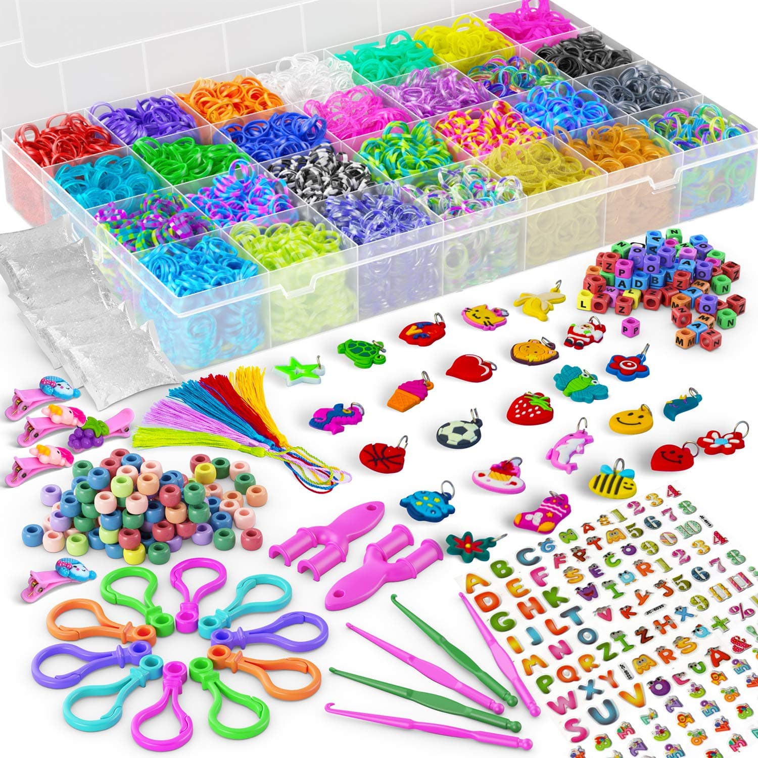LOOM N CRAFTS Rubber Band Bracelet Refill Kit - 11000 Premium Loom Bands, 600 S-Clips, 200 Beads, 30 Charms, 52 ABC Beads, 10 Backpack Hook, 5 Crochet, Tassel, Hair Clip – 2Y Loom