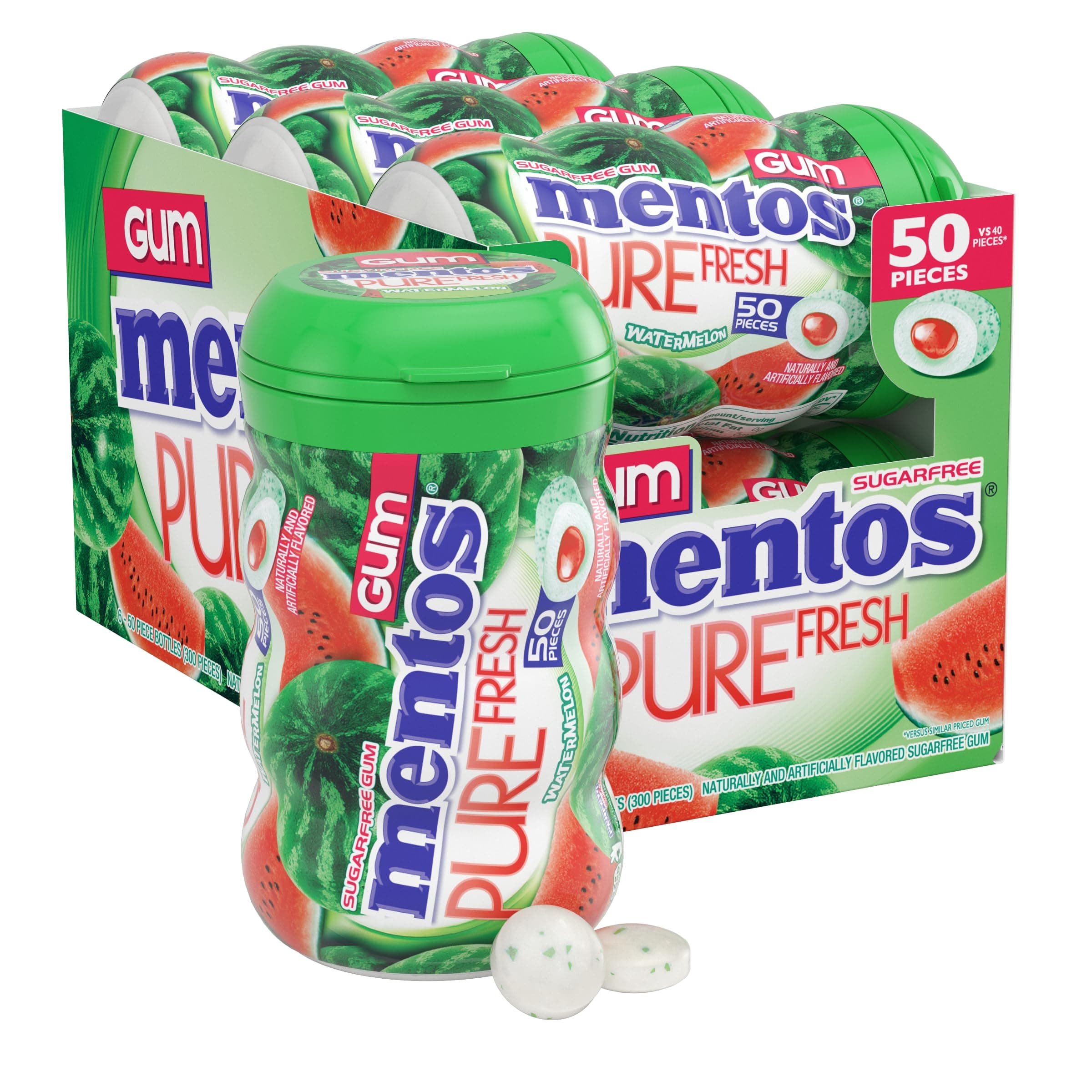 Mentos Pure Fresh Sugar-Free Chewing Gum with Xylitol, Watermelon Flavor, Easter Basket Essentials Stuffers for Kids and Adults, Bulk, 50 Pieces (6-Pack)
