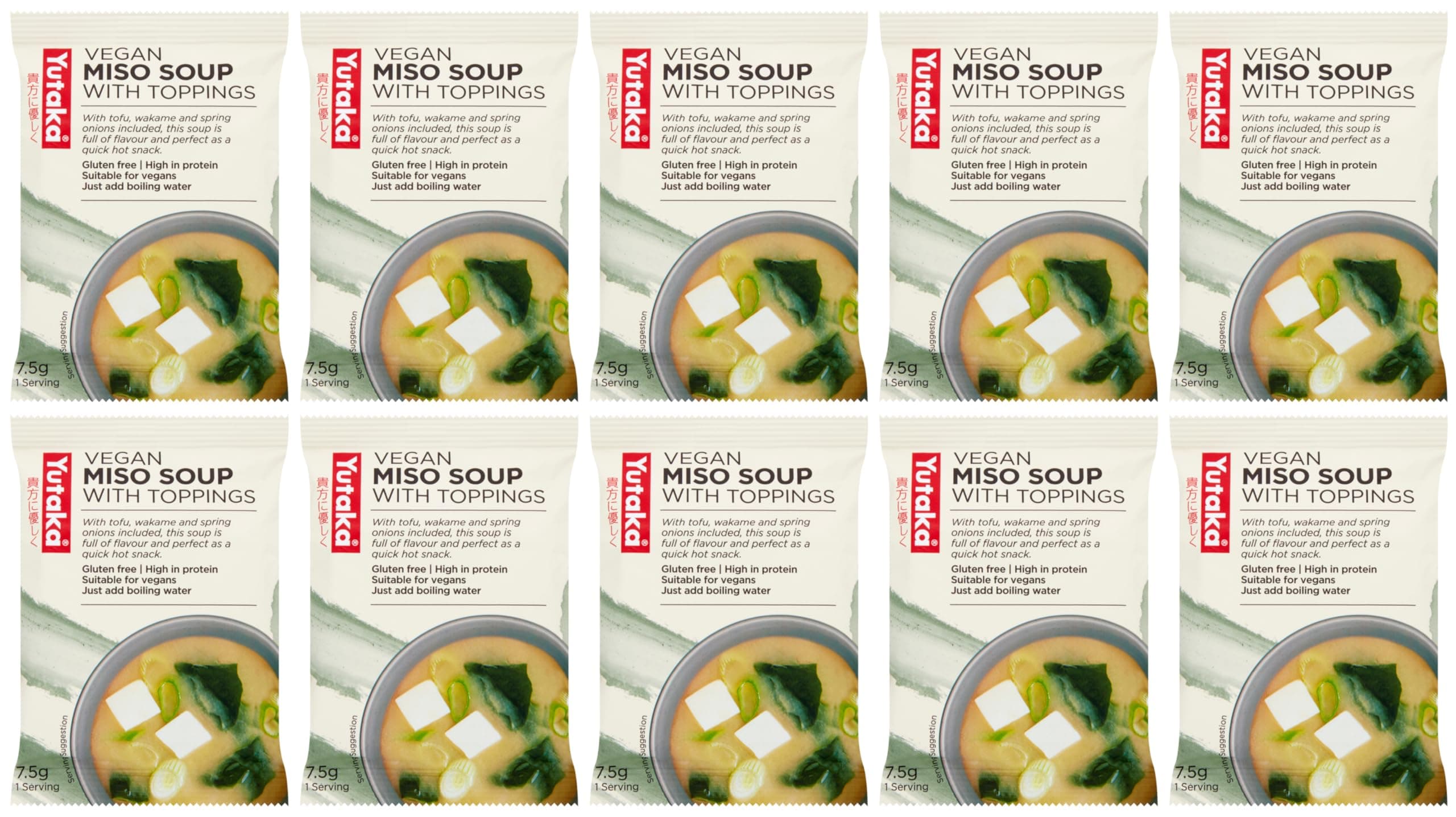 Yutaka Instant Vegan Miso Soup with Toppings 7.5g (Pack of 10) | Japanese-Style Freeze-Dried Soup with Tofu, Wakame & Spring Onion | Gluten-Free, High Protein | Quick, Authentic & Vegan-Friendly