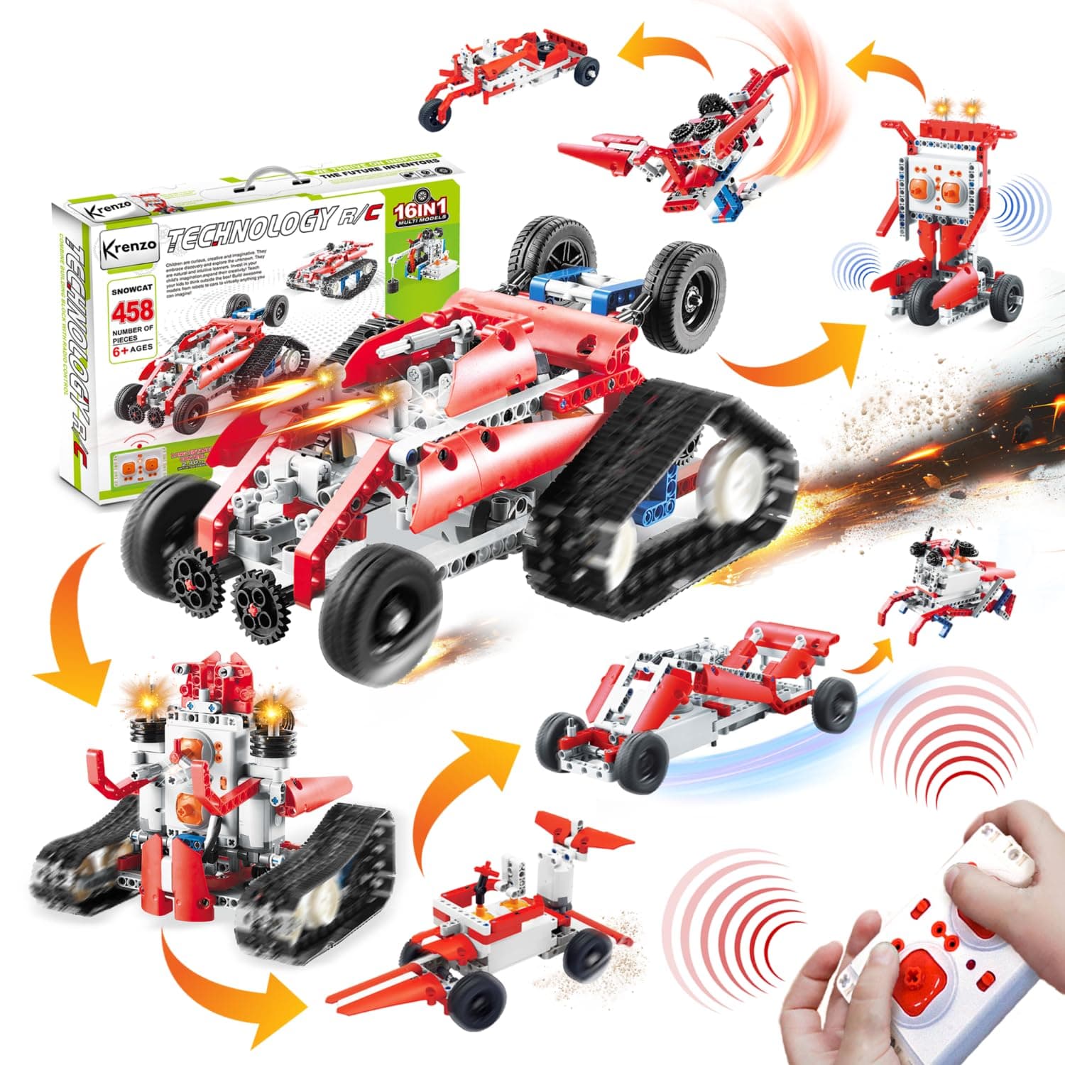 16 in 1 STEM RC Car - Remote Controlled Stunt Tank - 458 PCS RC Car Kit - Learning and Educational Snowmobile Gifts for Boys