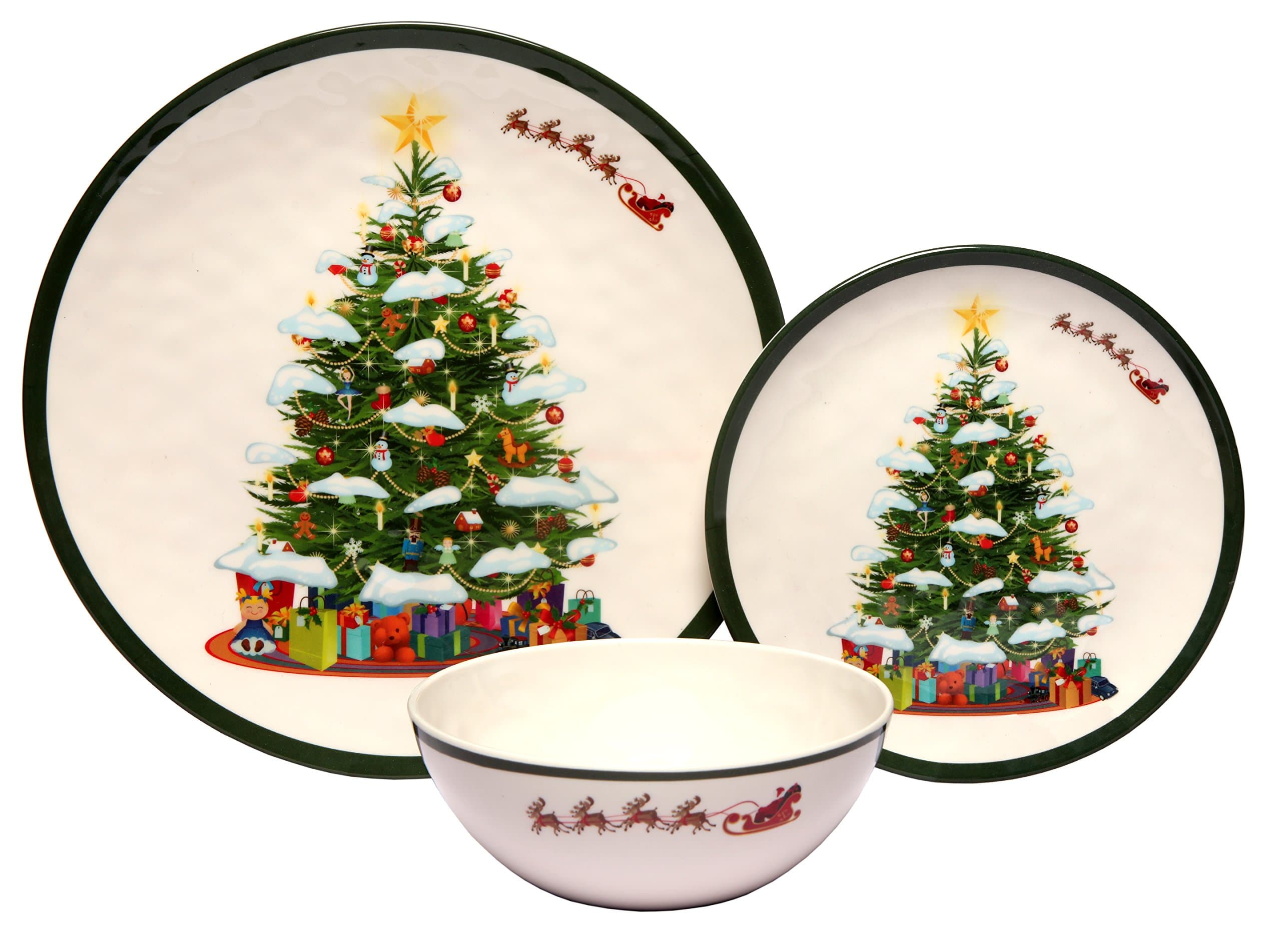 Melange 12-Piece 100% Melamine Dinnerware Set (Christmas Tree Collection ) | Shatter-Proof and Chip-Resistant Melamine Plates and Bowls | Dinner Plate, Salad Plate & Soup Bowl (4 Each)