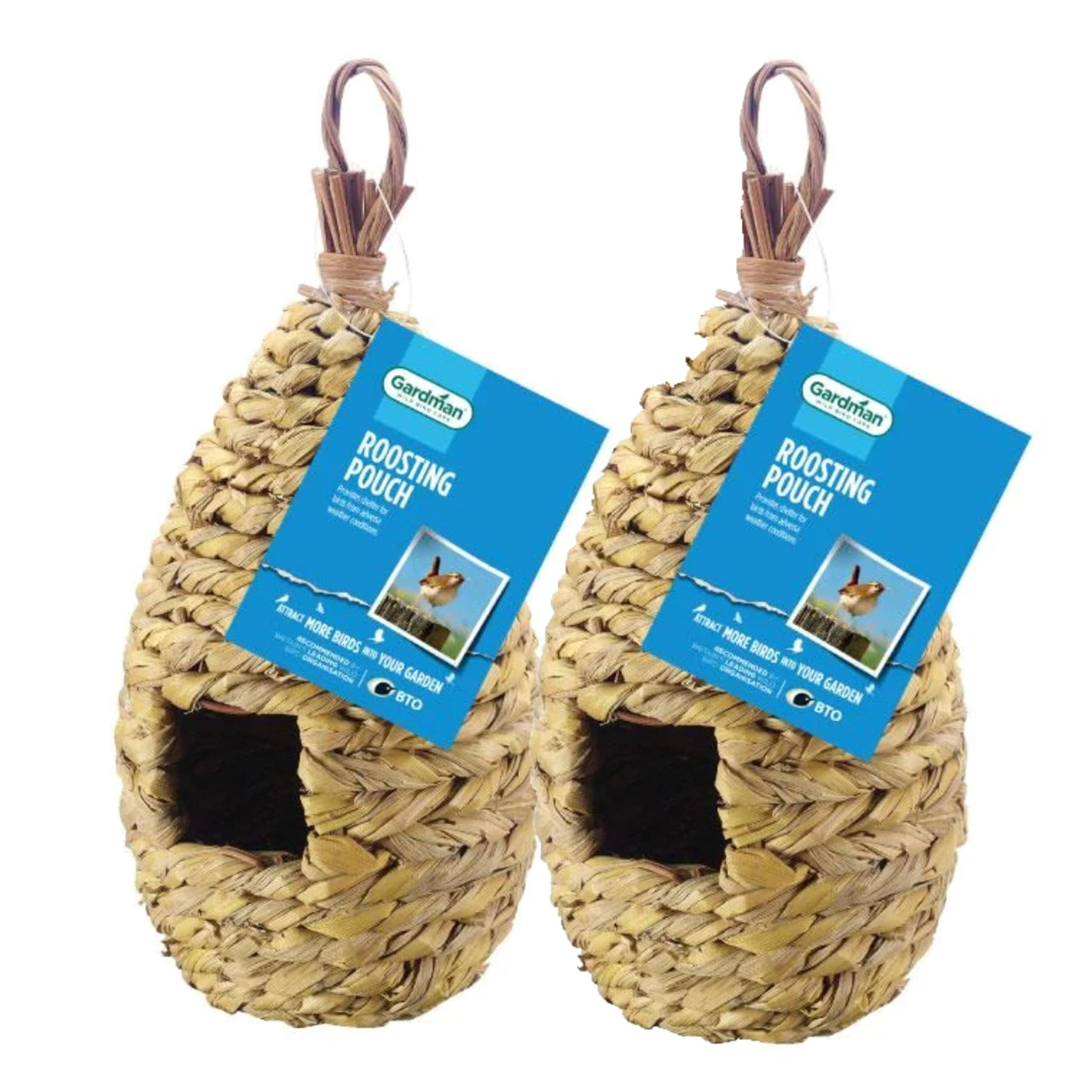 Wild Birds Hanging Roosting Pouch - Pack of 2 Woven Bird House Hanging Bird Hut Nest Shelter for Outside Outdoor Small Garden Birds with Topline Card