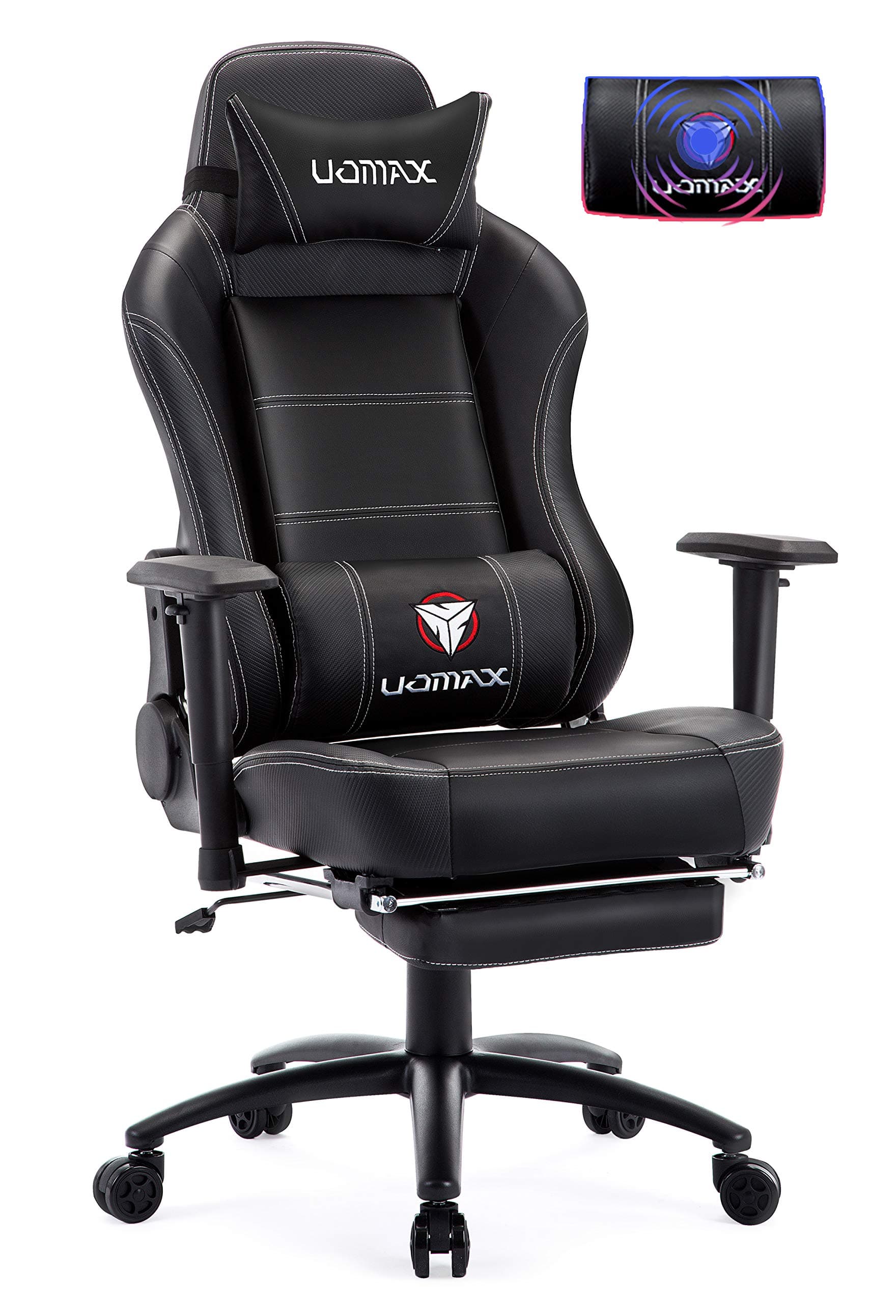 UOMAX Gaming Chair Ergonomic Rocking Desk Chair for Computer, Racing Style Office Chair Recliner with Footrest and Massage Lumbar Support, PU Leather E-Sports Game Seat for Gamer. (Black)