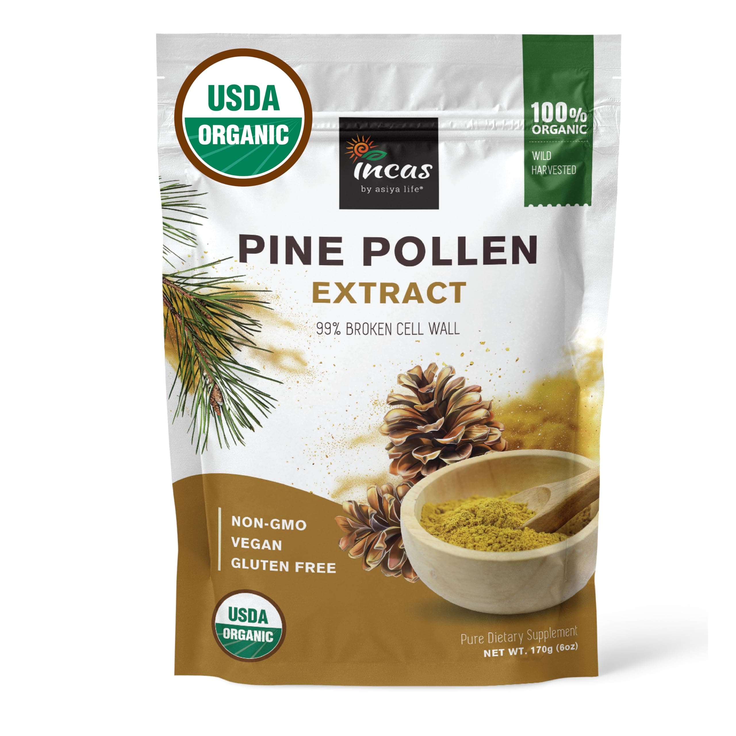 INCAS 100% USDA Organic Pine Pollen Powder (6 Ounces) Non GMO Verified 99% Cracked Cell Wall, Wild HARVESTED, Non-Irradiated, Boosts Energy & Immune Support, No Fillers or Additives