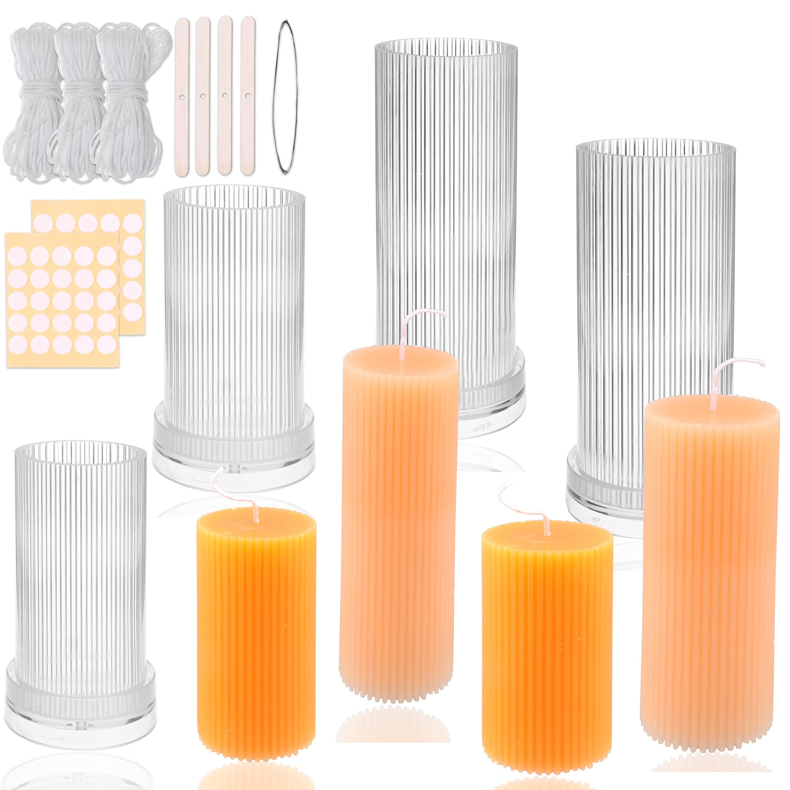 MILIVIXAY 4PCS Pillar Ribbed Cylinder Candle Molds ,Candle Making Molds-90 Ft. of Wick, 50pcs Wick Stickers, 4pcs Wick Holders and 1pc Iron Wire Included as a Gift.