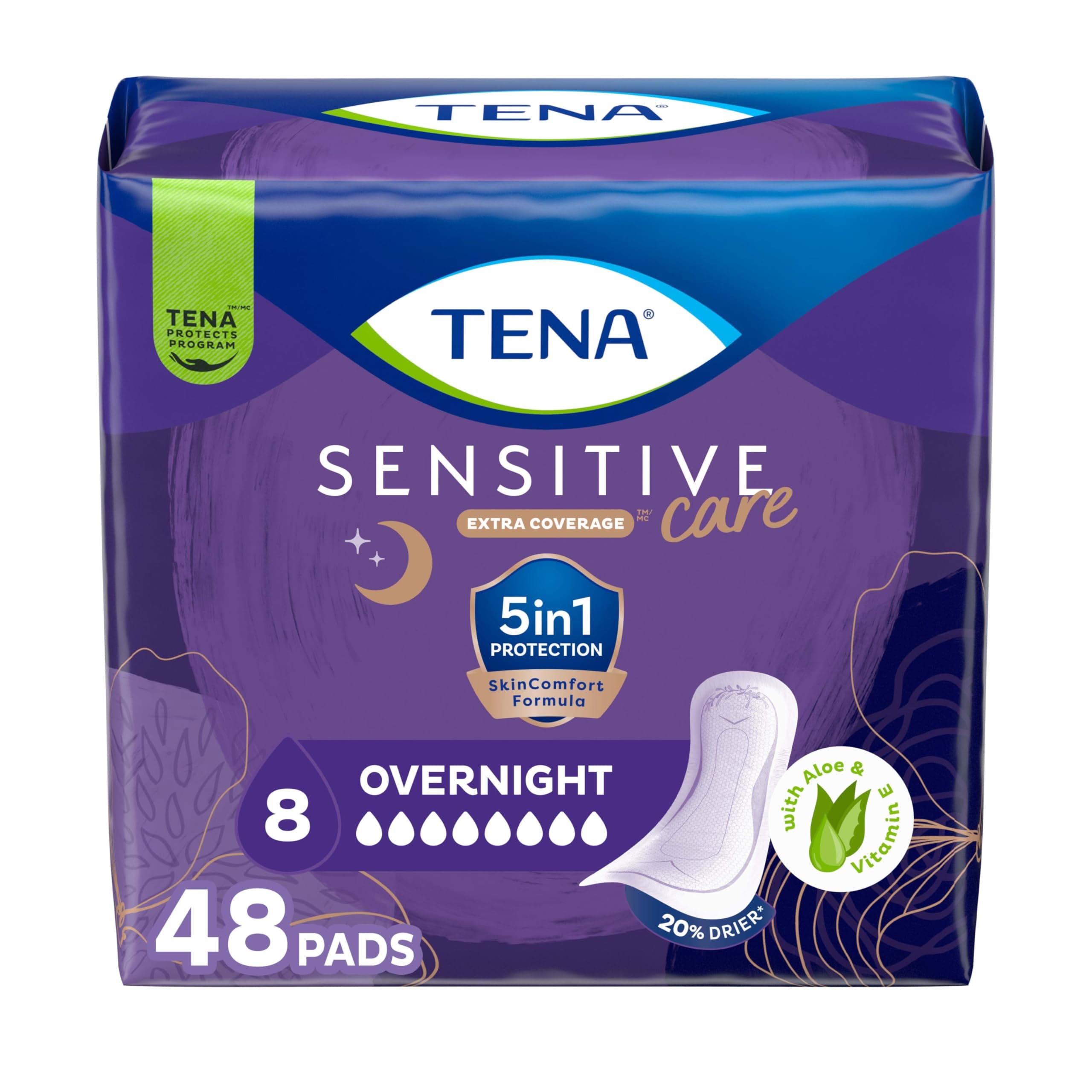 Sensitive Care Incontinence Pads, Bladder Control, Postpartum for Women, Overnight Absorbency, Extra Coverage, 48 Count