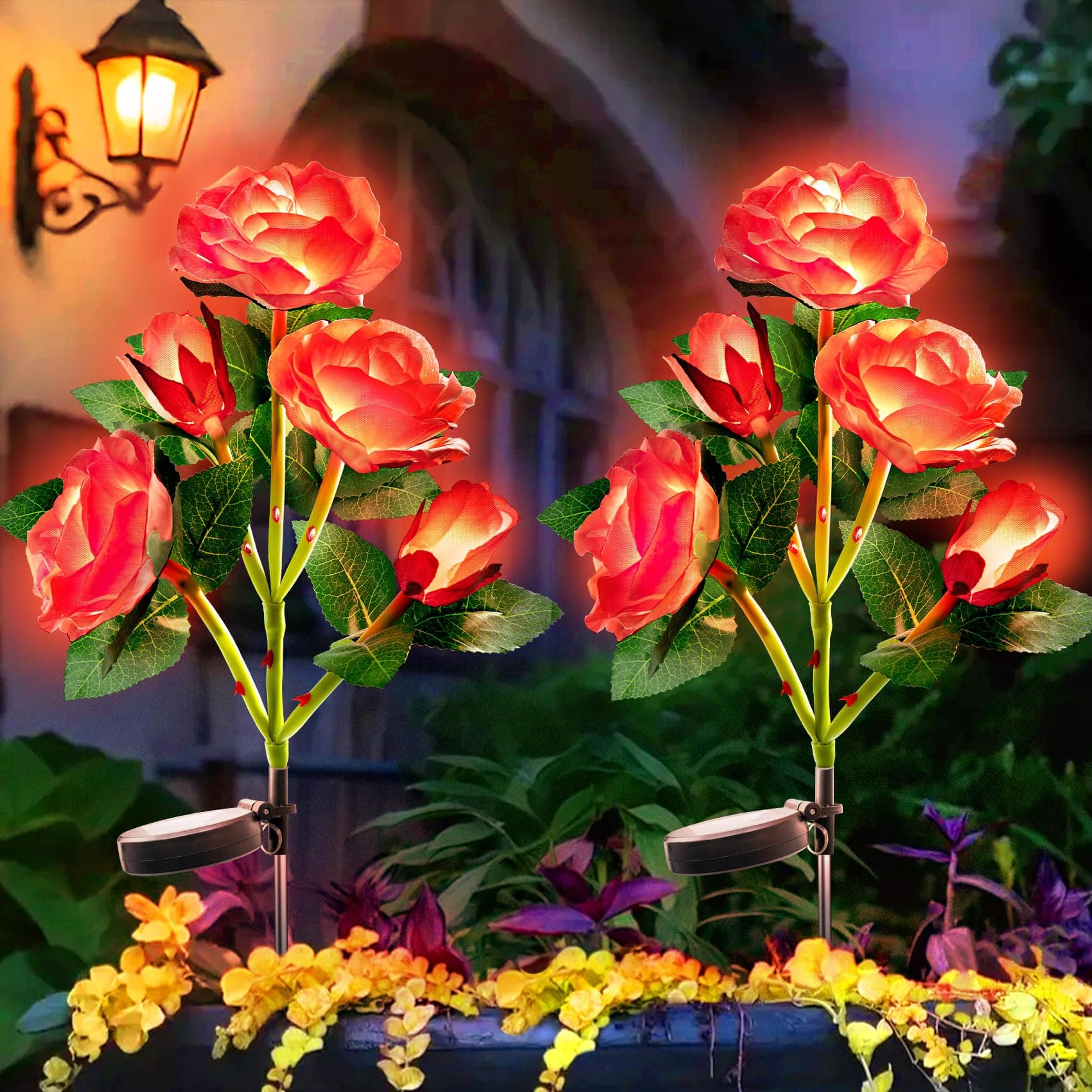 Anordsem Solar Garden Lights Outdoor: 10 Waterproof Fabric Roses 2 Pack - Red LED Flower Decorations for Yard Patio Path Cemetery Grave - Mother's Day Gifts for Her Women Mom Wife