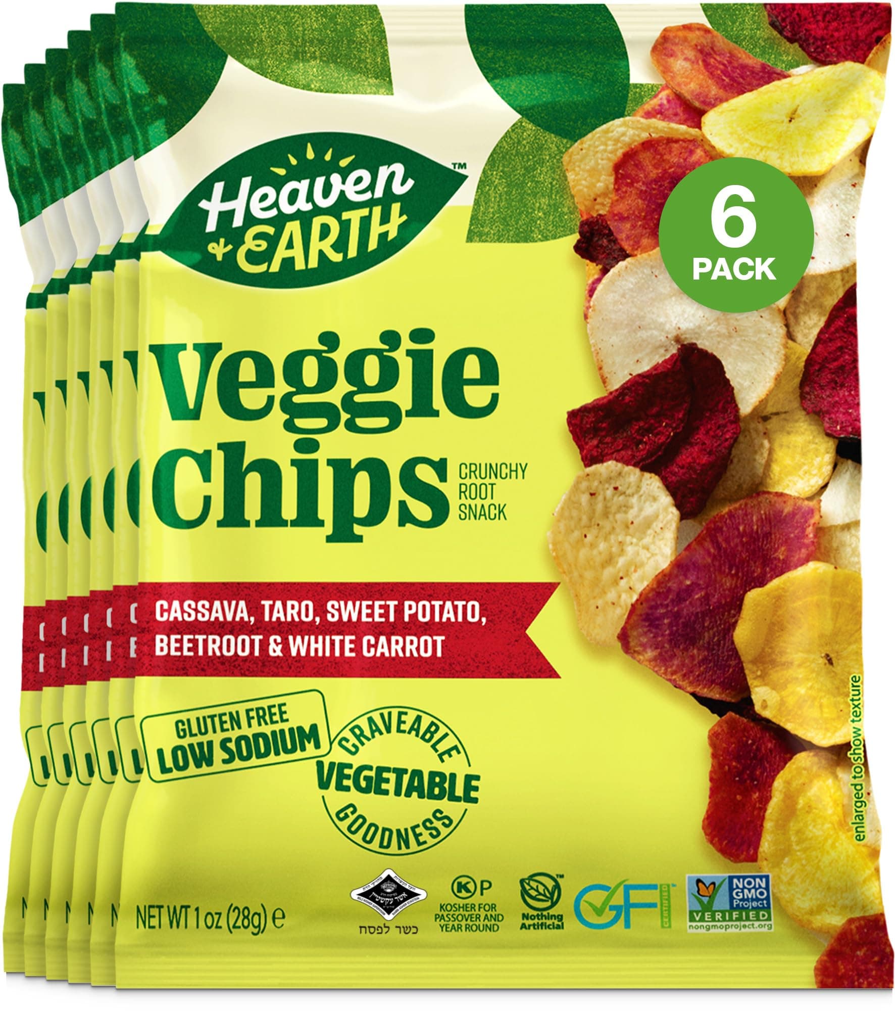 Heaven & Earth Veggie Chips, Root Vegetable Medley Chips 1oz (6 Pack) Thin & Crisp | Perfect Snack & Salad Topper | Non GMO | Certified Kosher