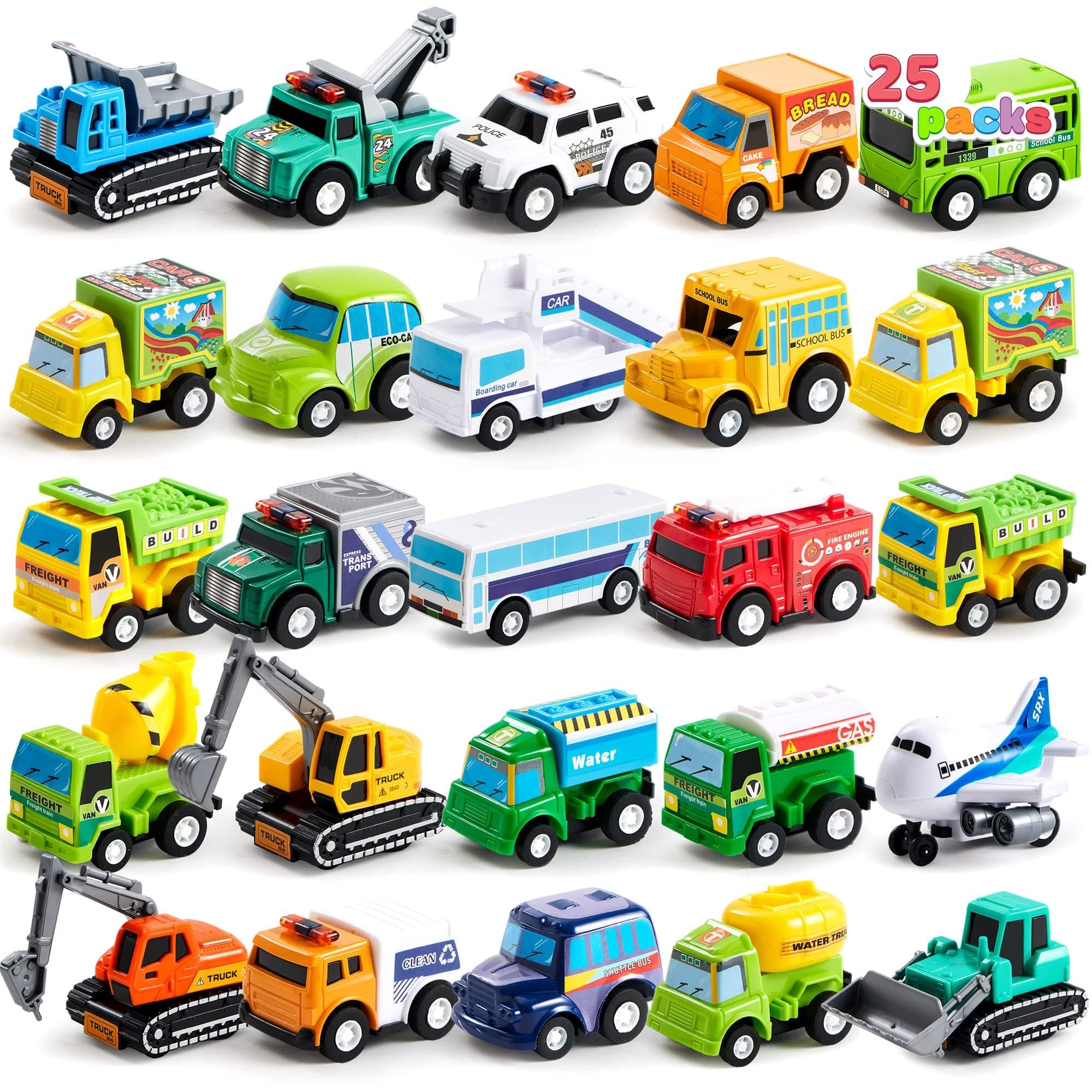 JOYIN 25 Piece Pull Back Cars and Trucks Toy Vehicles Model Car Set for Toddlers, Girls and Boys Kids Play Set, Die-Cast Car Set