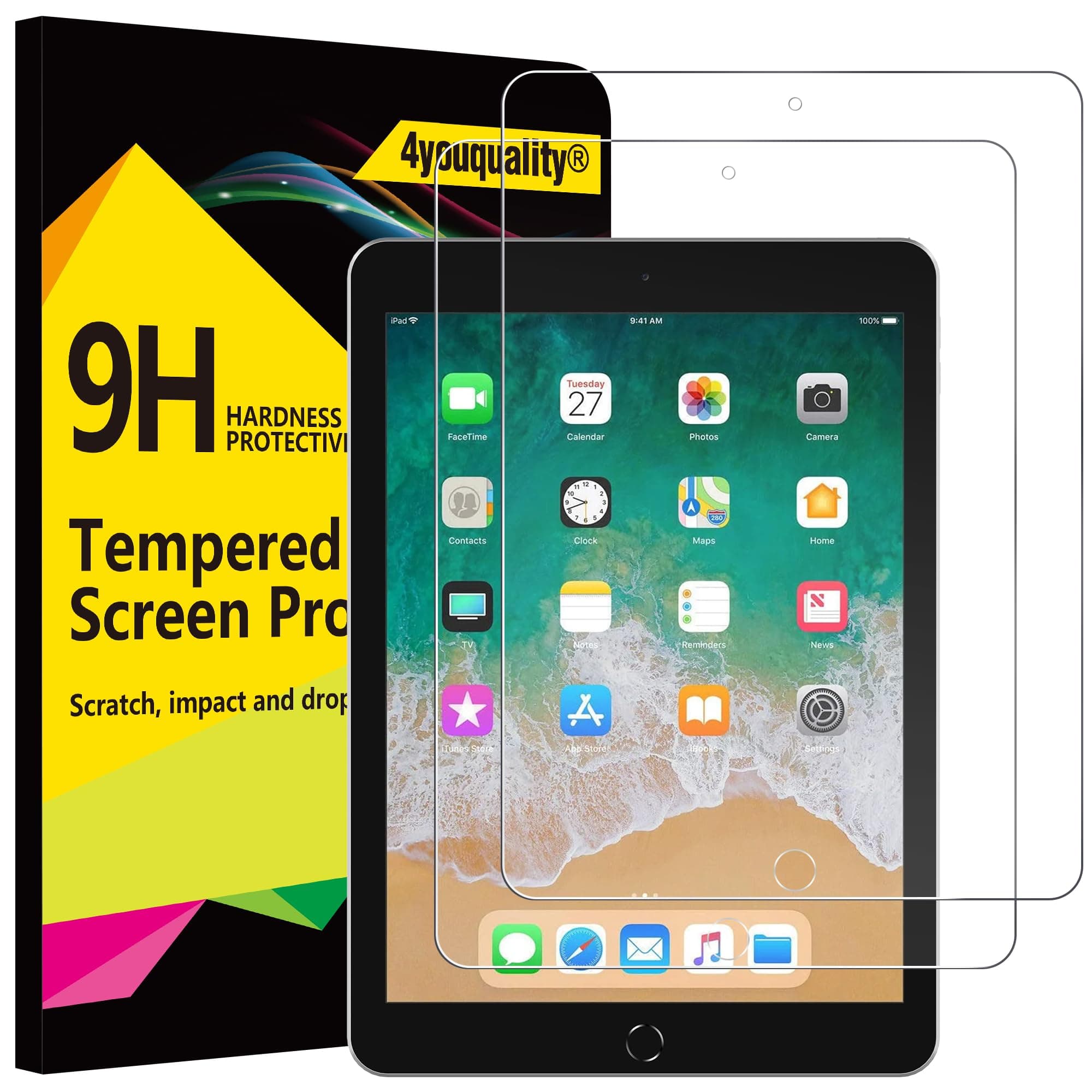 4youquality 2 x Screen Protector for iPad 9.7" (6th/5th Generation, 2018/2017 Release), iPad Air 1/Air 2, iPad Pro 9.7", Tempered Glass Screen Protector, Scratch Resistant, Shock Resistant