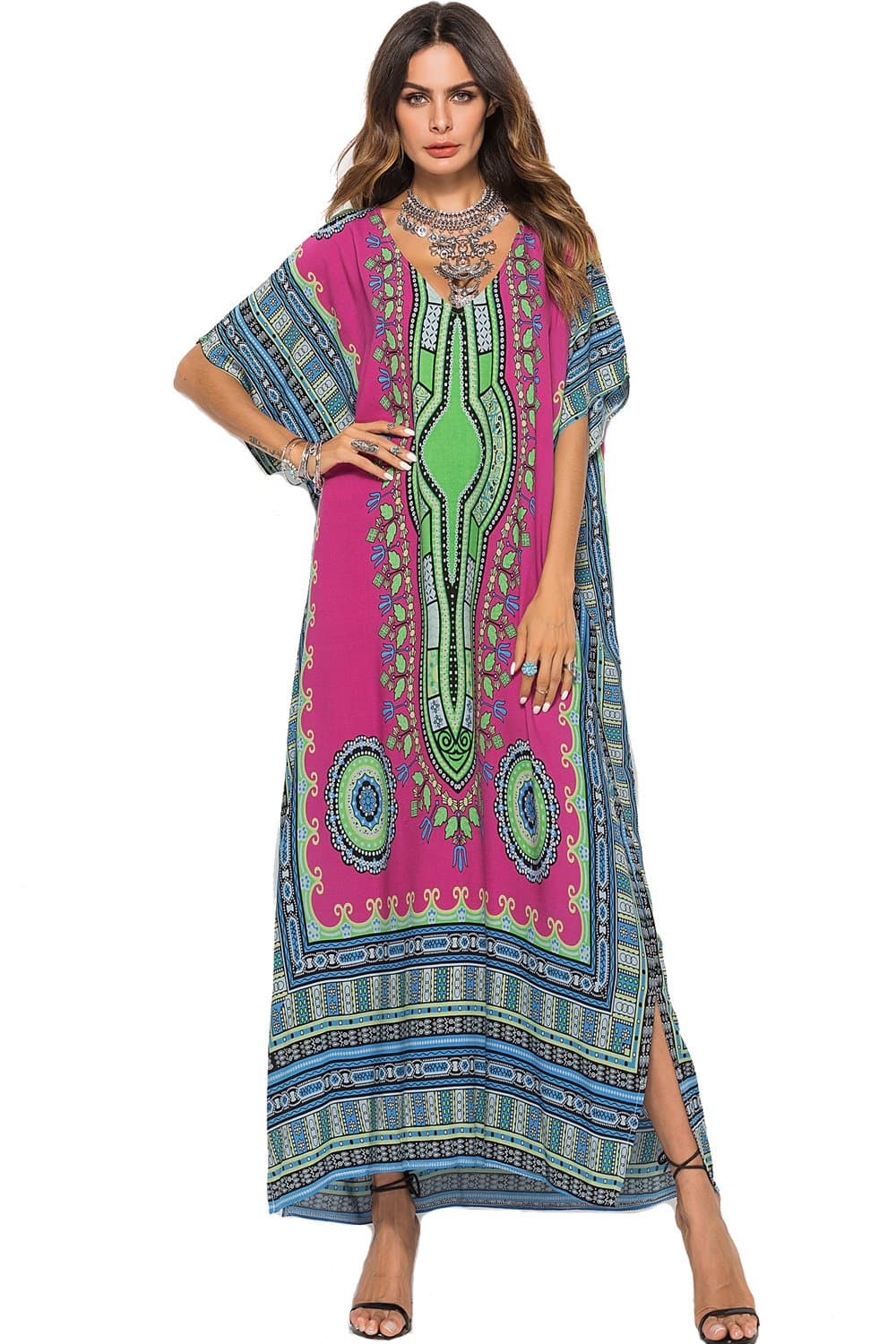 SMUDGE Life Women's White Ethnic Print Kaftan Maxi Dress Summer Beach Dress