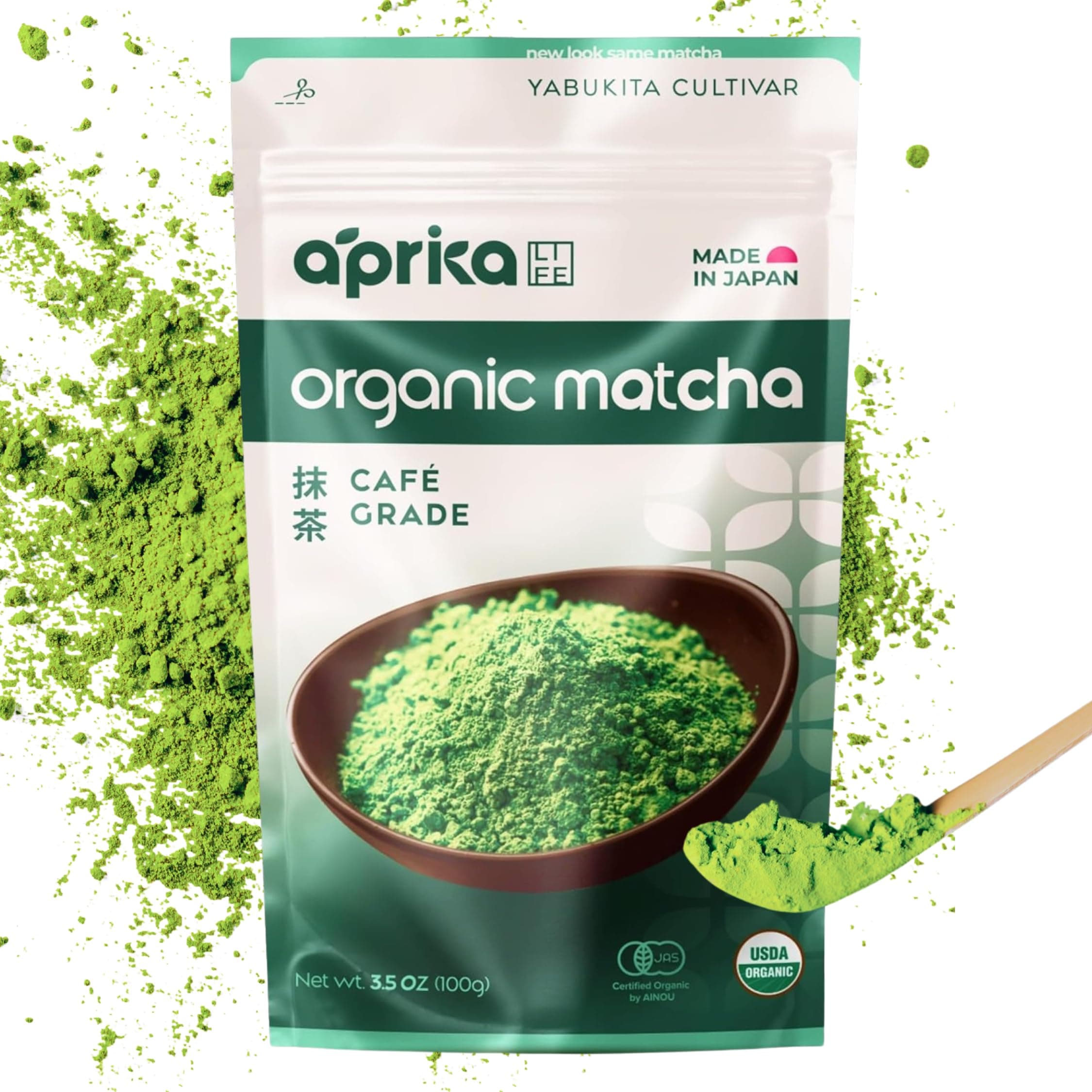 AprikaLife Organic Matcha Powder, USDA & JAS Certified, No Sugar Added, Authentic Japanese Cafe Grade Matcha Green Tea Powder Perfect for Matcha Lattes, Smoothies & Baking, 3.5 oz/100g