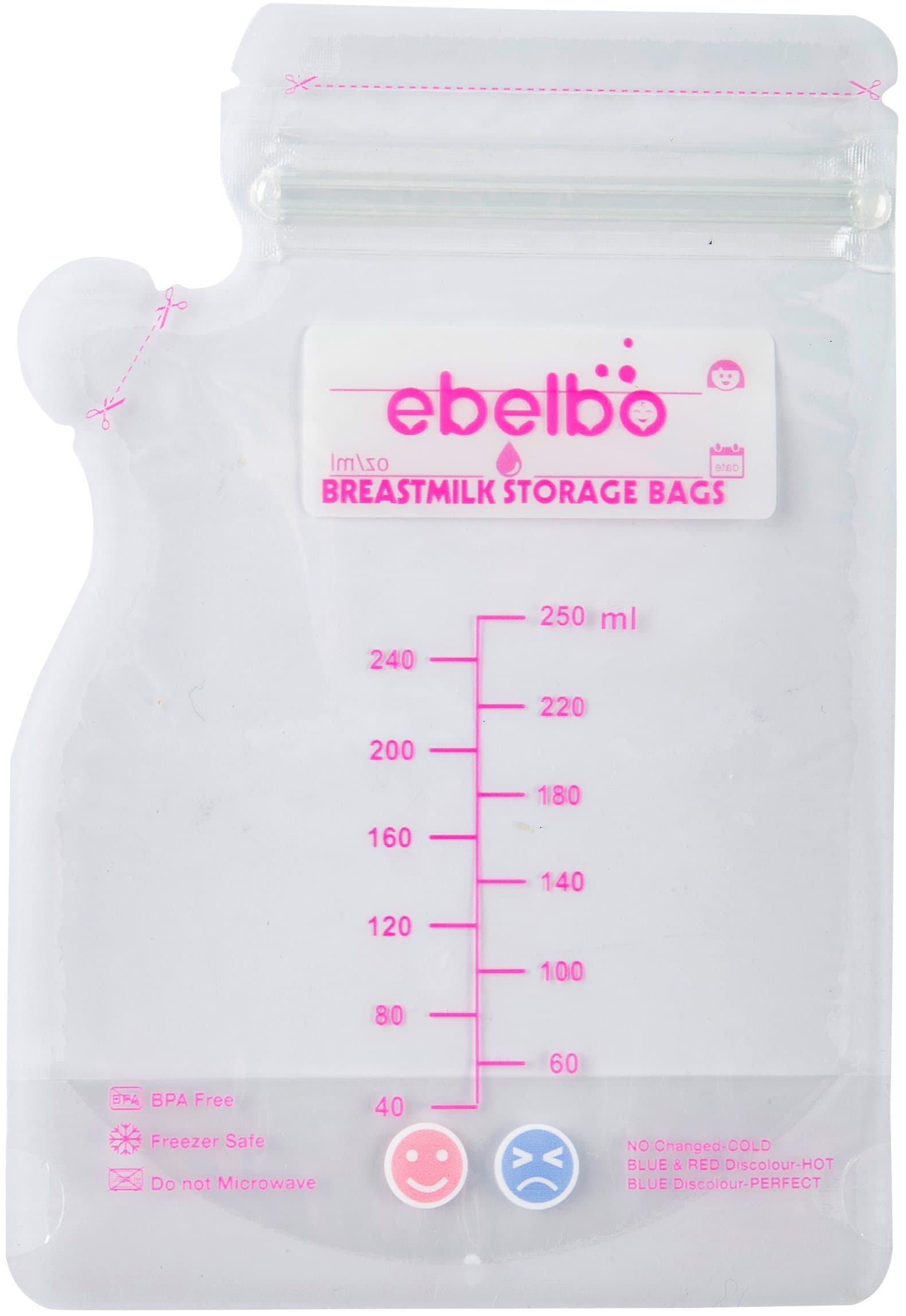 EBELBO 3.5/6.8/8.5/10.2 Oz Breastmilk Storage Bags Breastfeeding Breast Milk Bag BPA Free Pre-sterilized Freezer Safe Leak Proof Self-Standing with Accurate Measurements 30 Count, 8.5oz/250ml