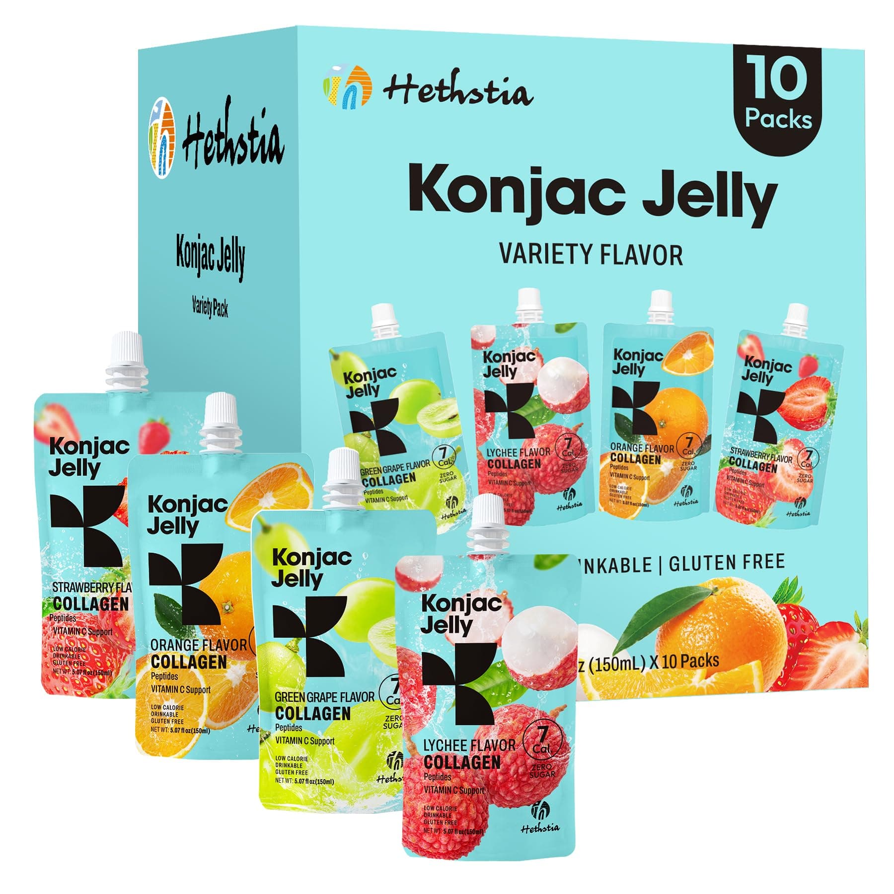 Hethstia Konjac Jelly Collagen Peptides Various Flavors - Lychee, Green Grape, Strawberry & Orange | Low Calorie, Sugar-Free, Keto, Gluten-Free, Vitamin C | 10-Pack Portable Healthy Snacks