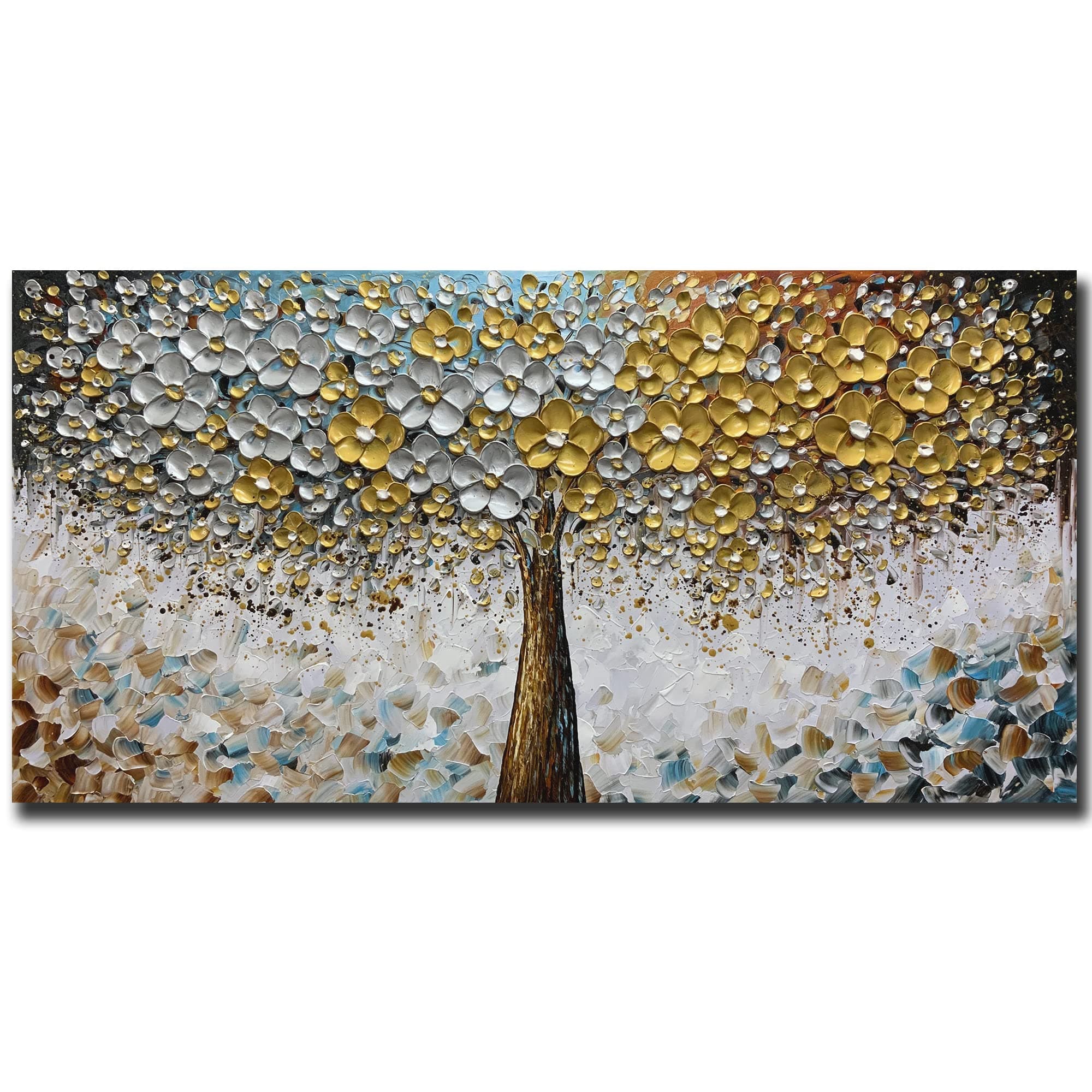ART8YUQI Art Oil Painting On Canvas Texture 3D Silver - Golden Flower painting Contemporary Abstract Art Handmade Artwork Picture Canvas Wall Art Modern Home Decor living room Ready to Hang 24x48 inch