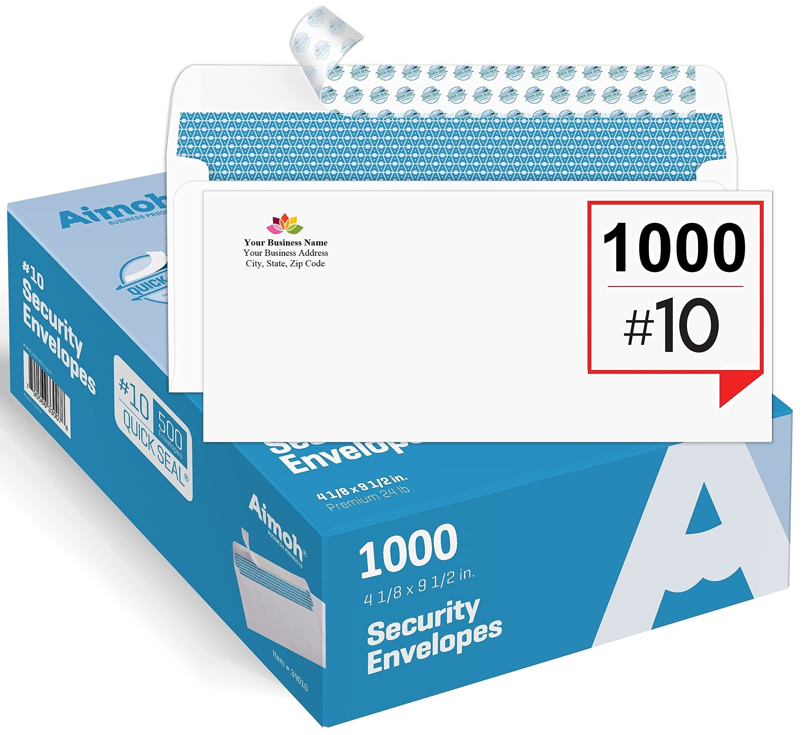 Aimoh 1000#10 Custom Printed Security Tinted Self-Seal Envelopes - Personalized with Logo and Address/Return Address Imprinted -Size 4-1/8 X 9-1/2" -White -24 LB -1000 Count (74001)