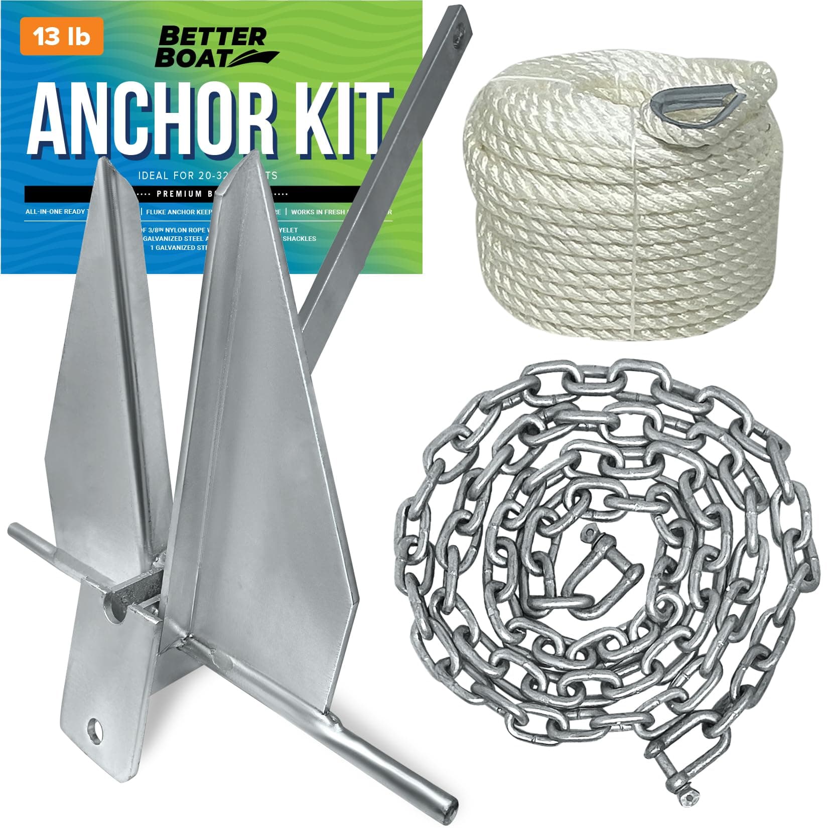Better Boat Boat Anchor Kit with Rope and Chain, Heavy Duty Fluke Anchor for Boats, Hot Dip Galvanized Steel, Pontoon Sailboat Fishing Deck, Multiple Sizes