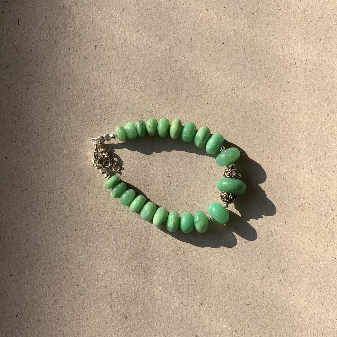 Natural Green Chrysoprase Beads Bracelet with Sterling Silver Handmade Beaded Jewelry